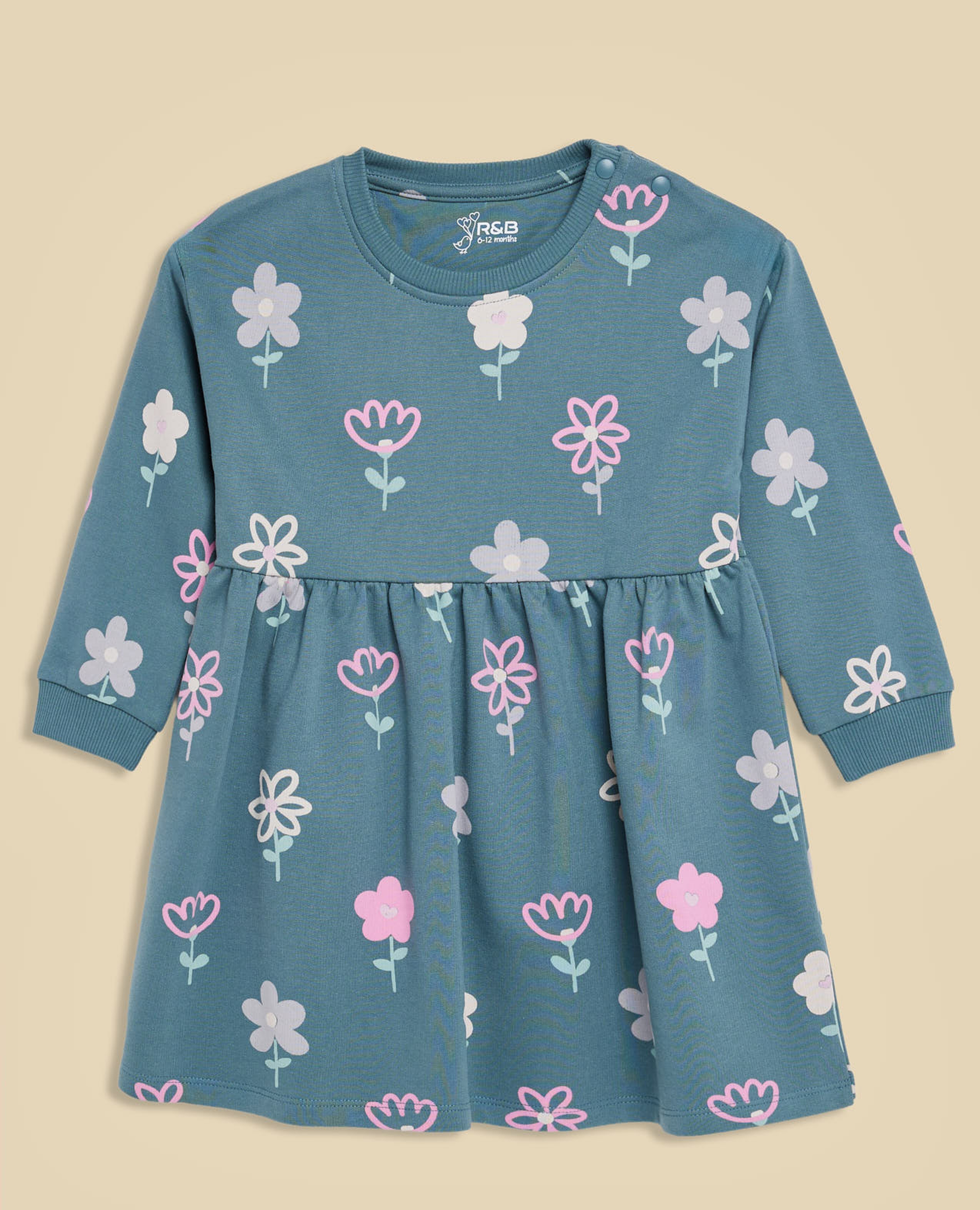 Printed Dress with Crew Neck and Long Sleeves