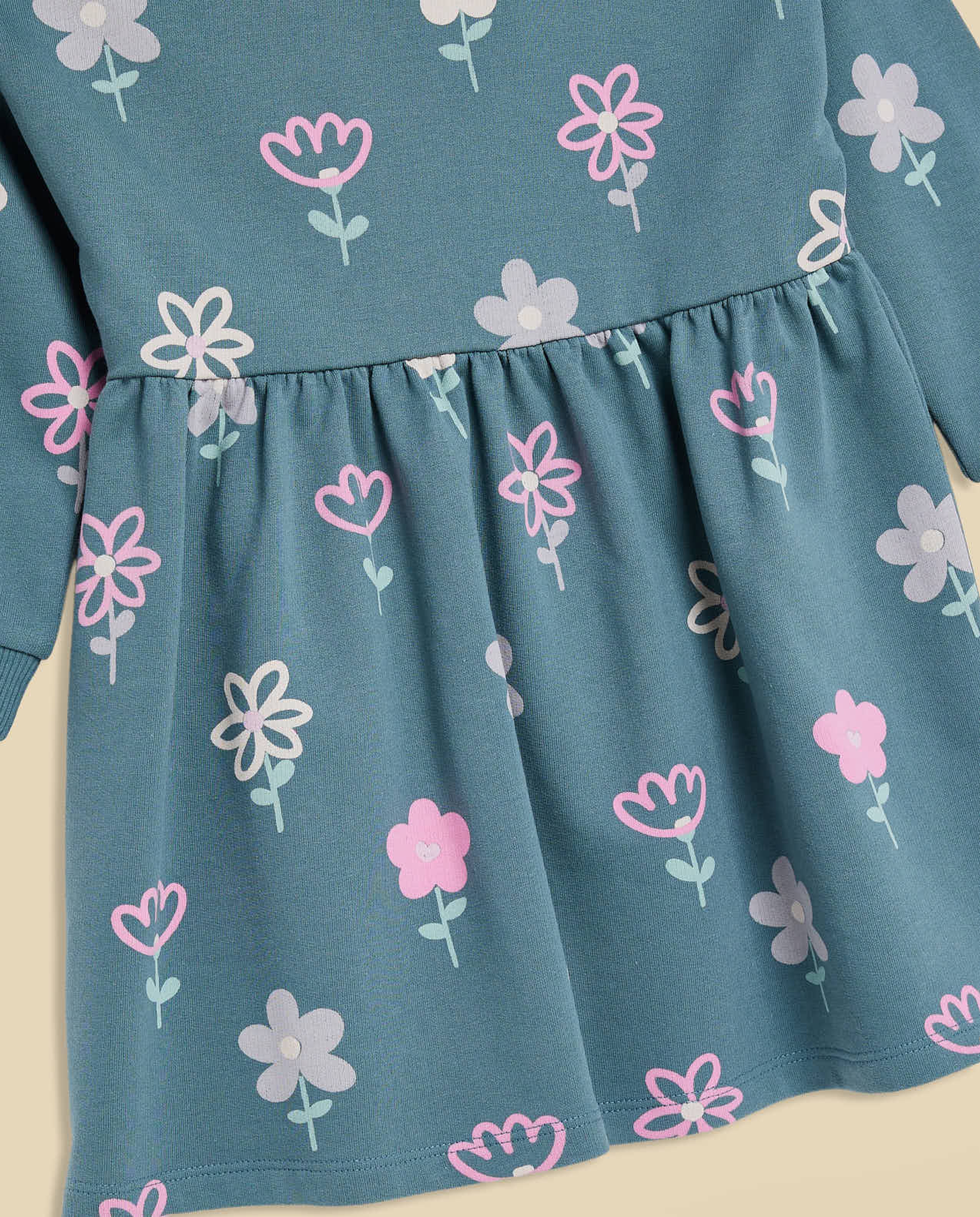 Printed Dress with Crew Neck and Long Sleeves