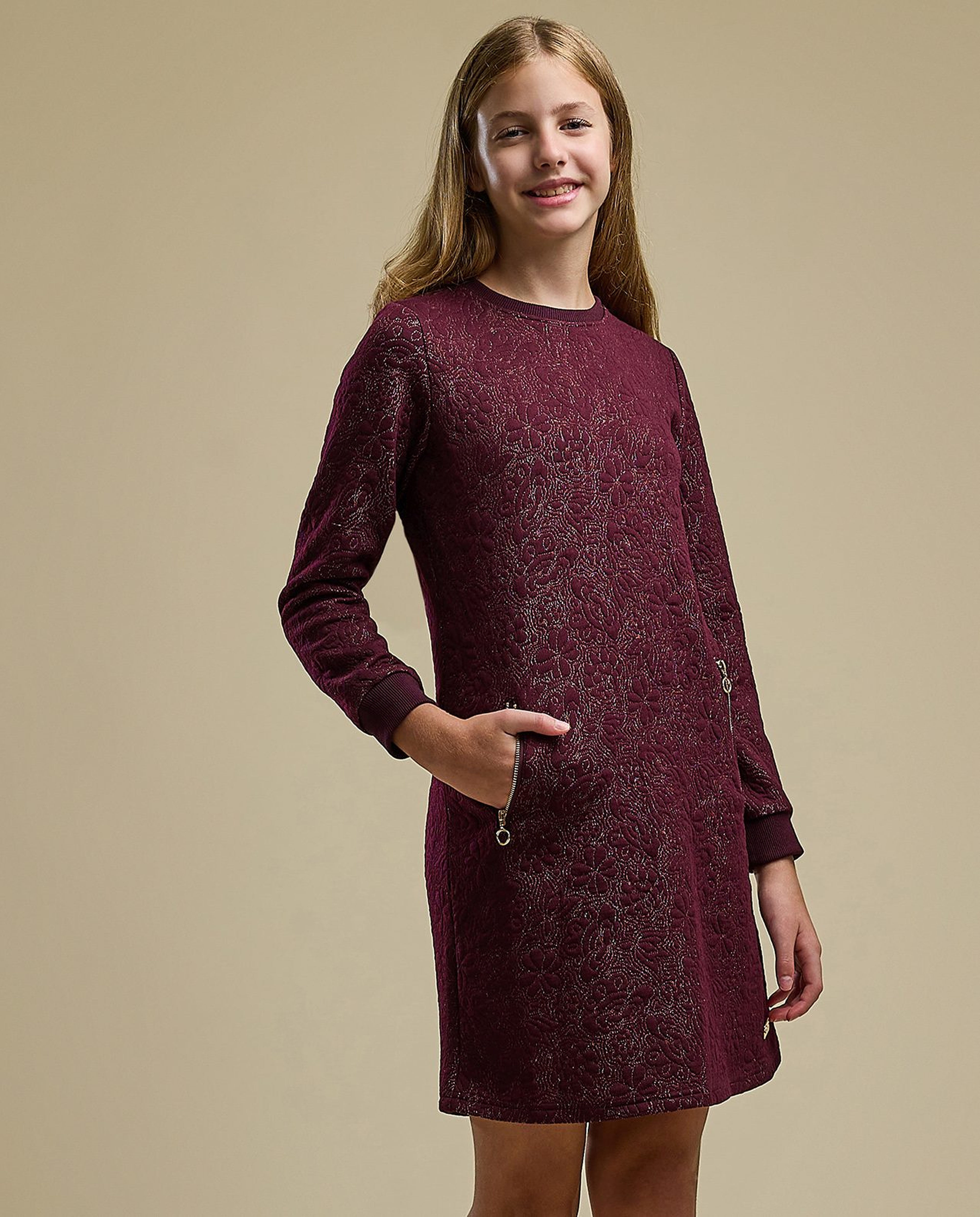 Textured A-Line Dress with Crew Neck and Long Sleeves
