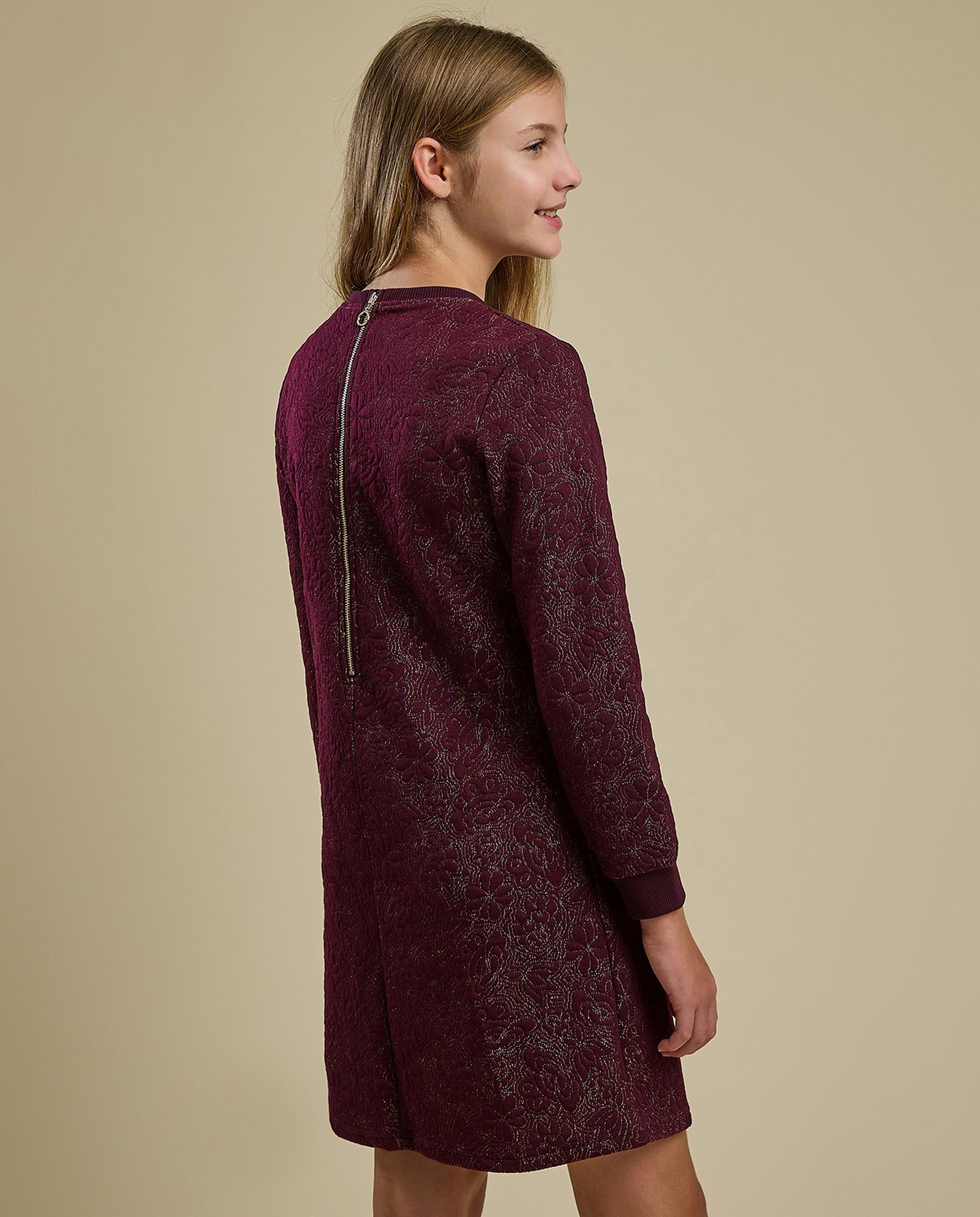 Textured A-Line Dress with Crew Neck and Long Sleeves