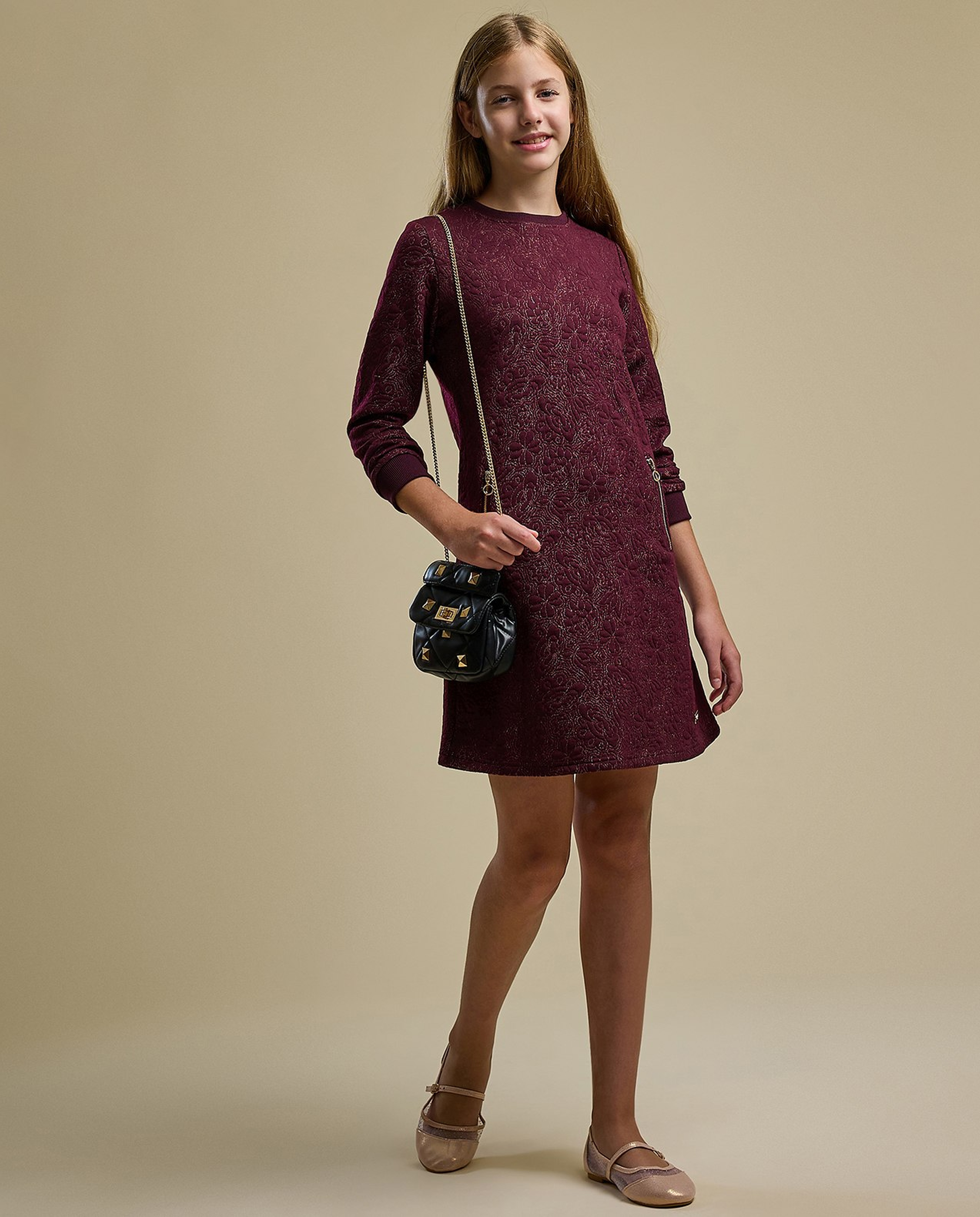 Textured A-Line Dress with Crew Neck and Long Sleeves
