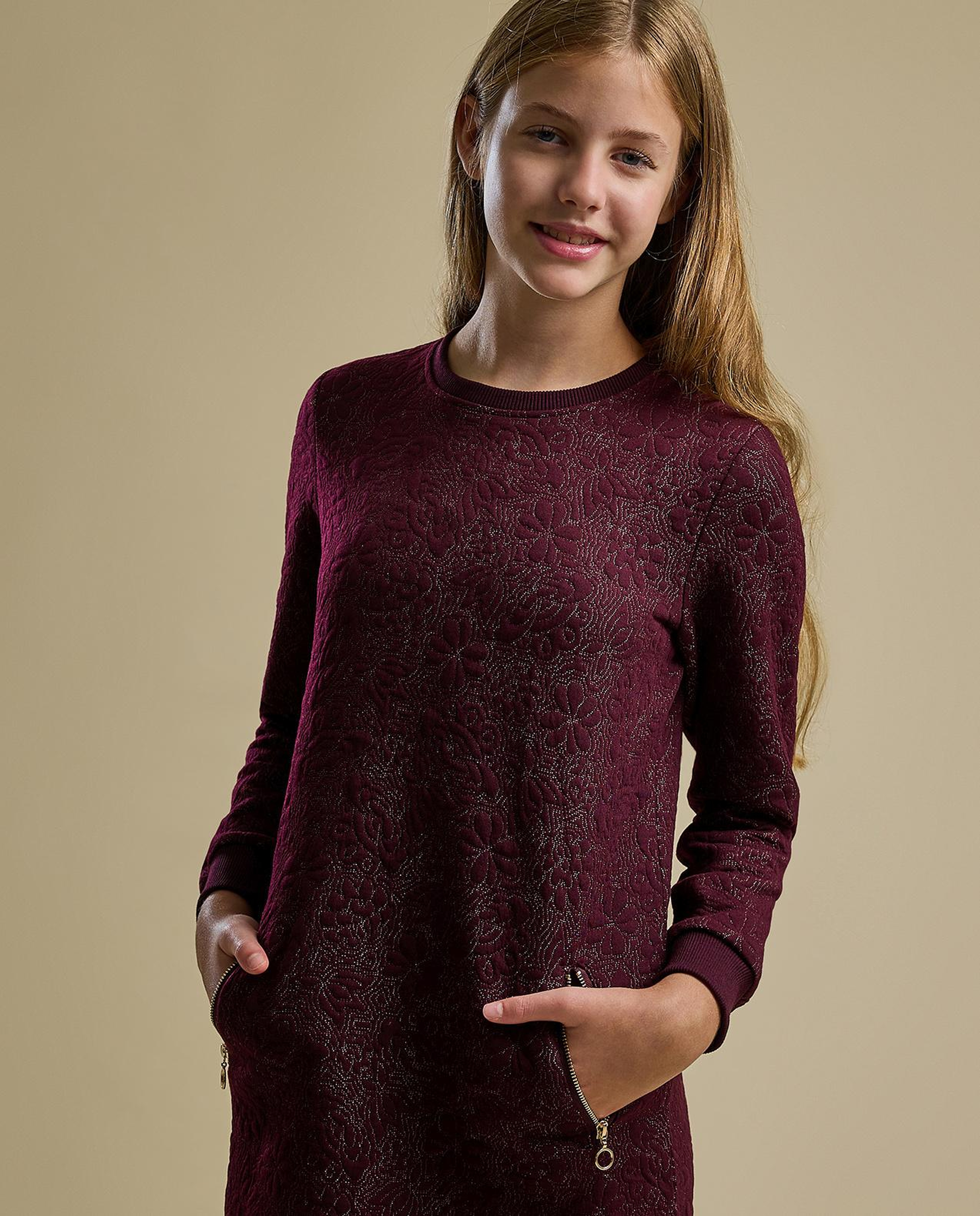 Textured A-Line Dress with Crew Neck and Long Sleeves