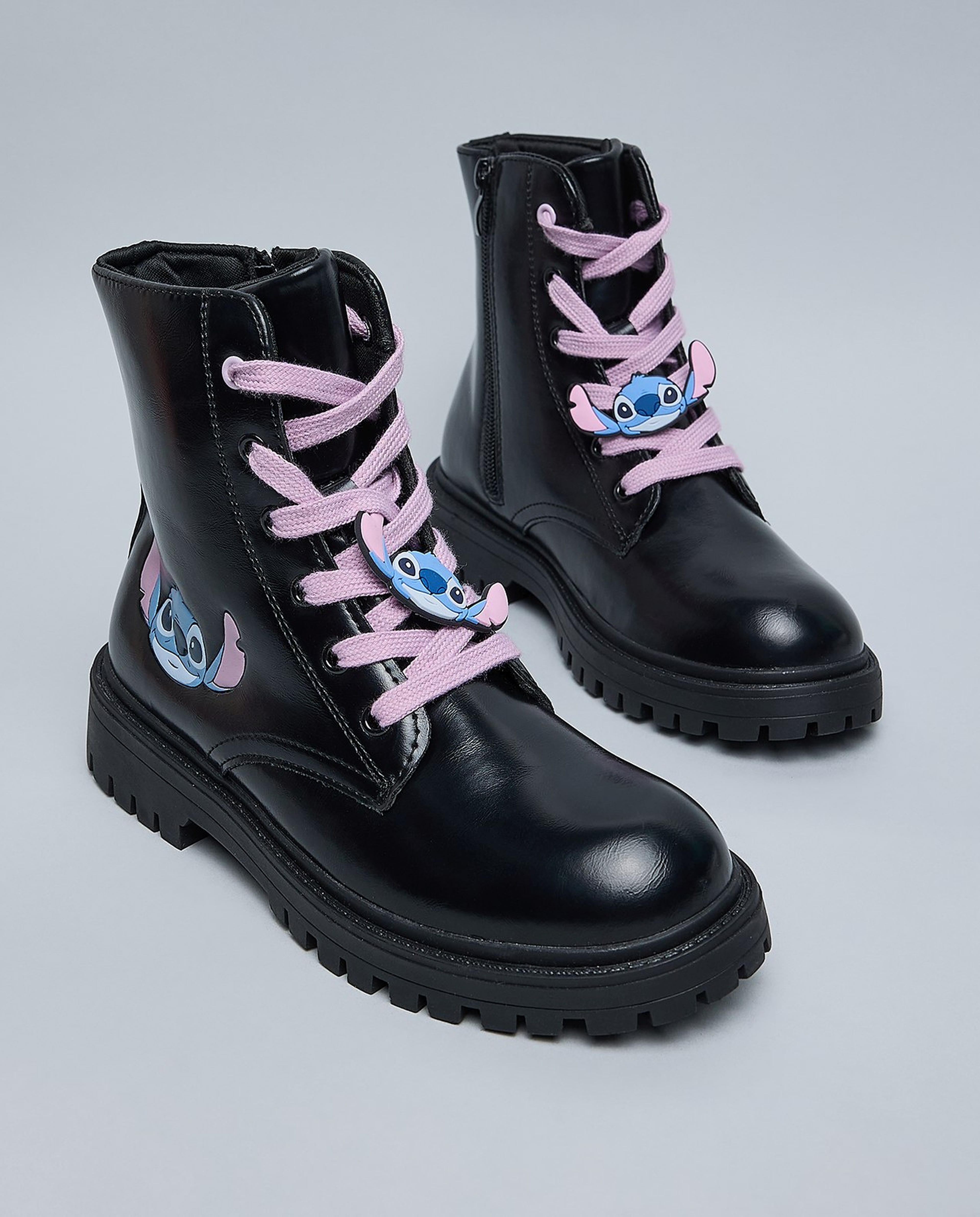 Stitch Appliqued Lace Up Ankle Boots