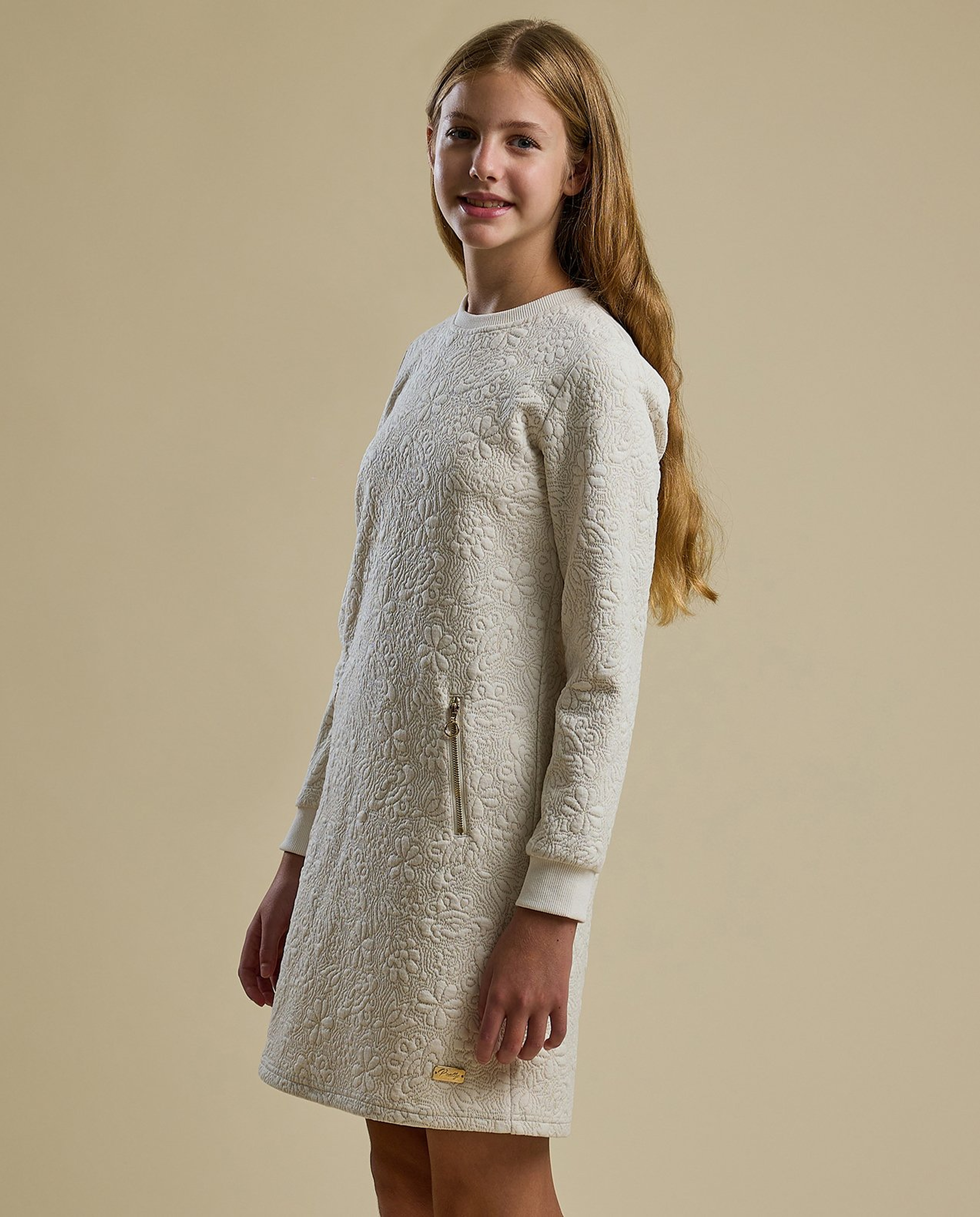 Textured A-Line Dress with Crew Neck and Long Sleeves