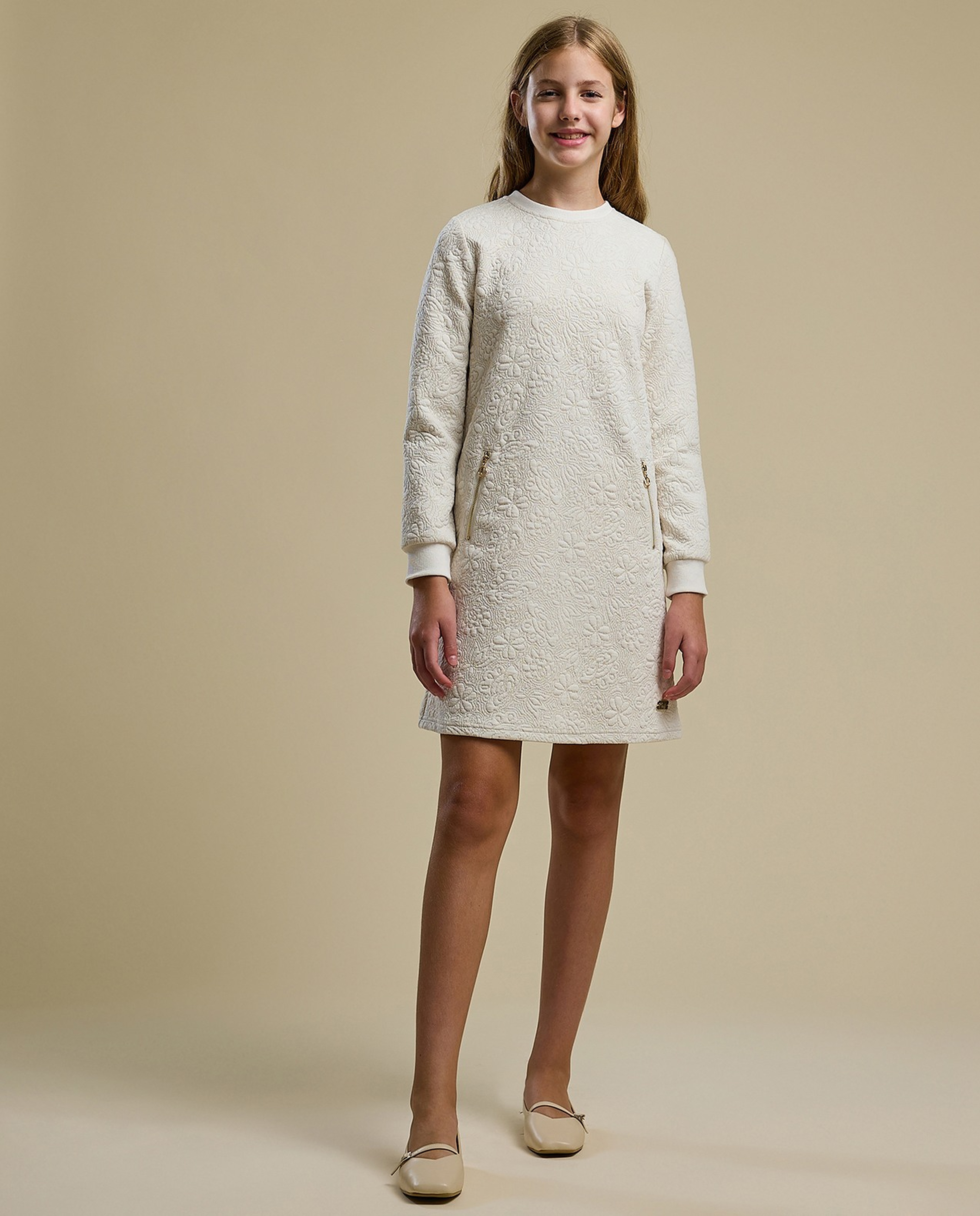 Textured A-Line Dress with Crew Neck and Long Sleeves