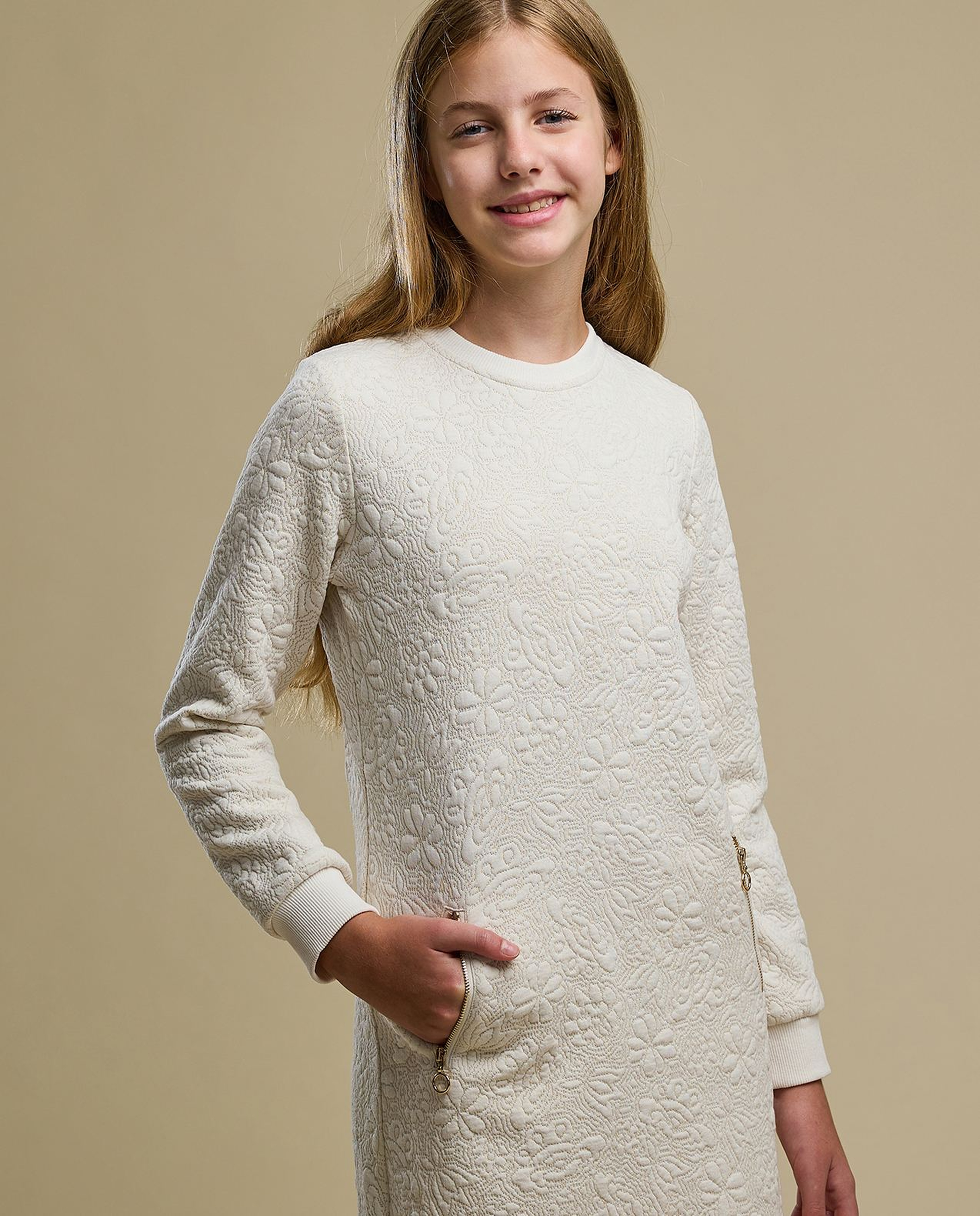 Textured A-Line Dress with Crew Neck and Long Sleeves