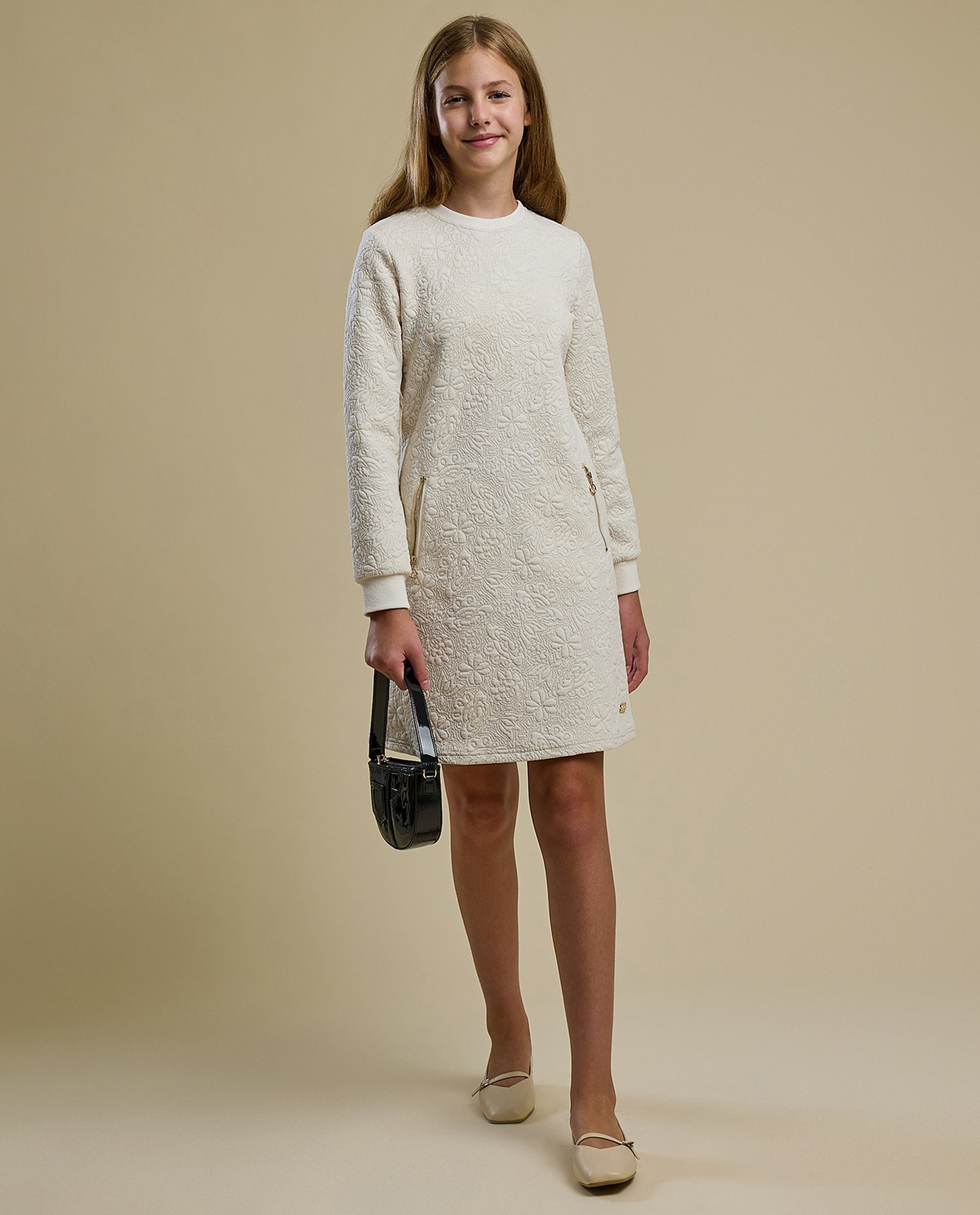 Textured A-Line Dress with Crew Neck and Long Sleeves