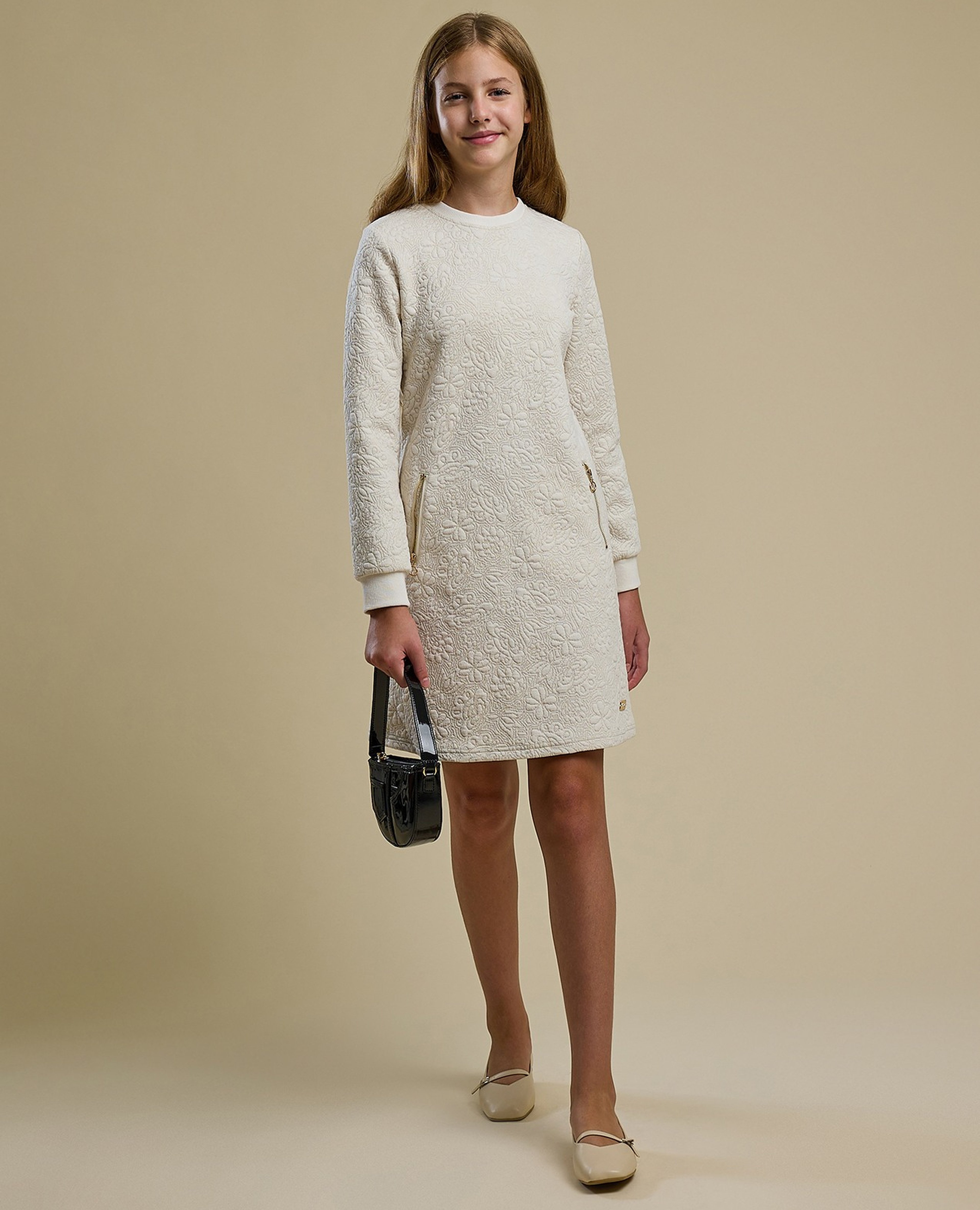 Textured A-Line Dress with Crew Neck and Long Sleeves