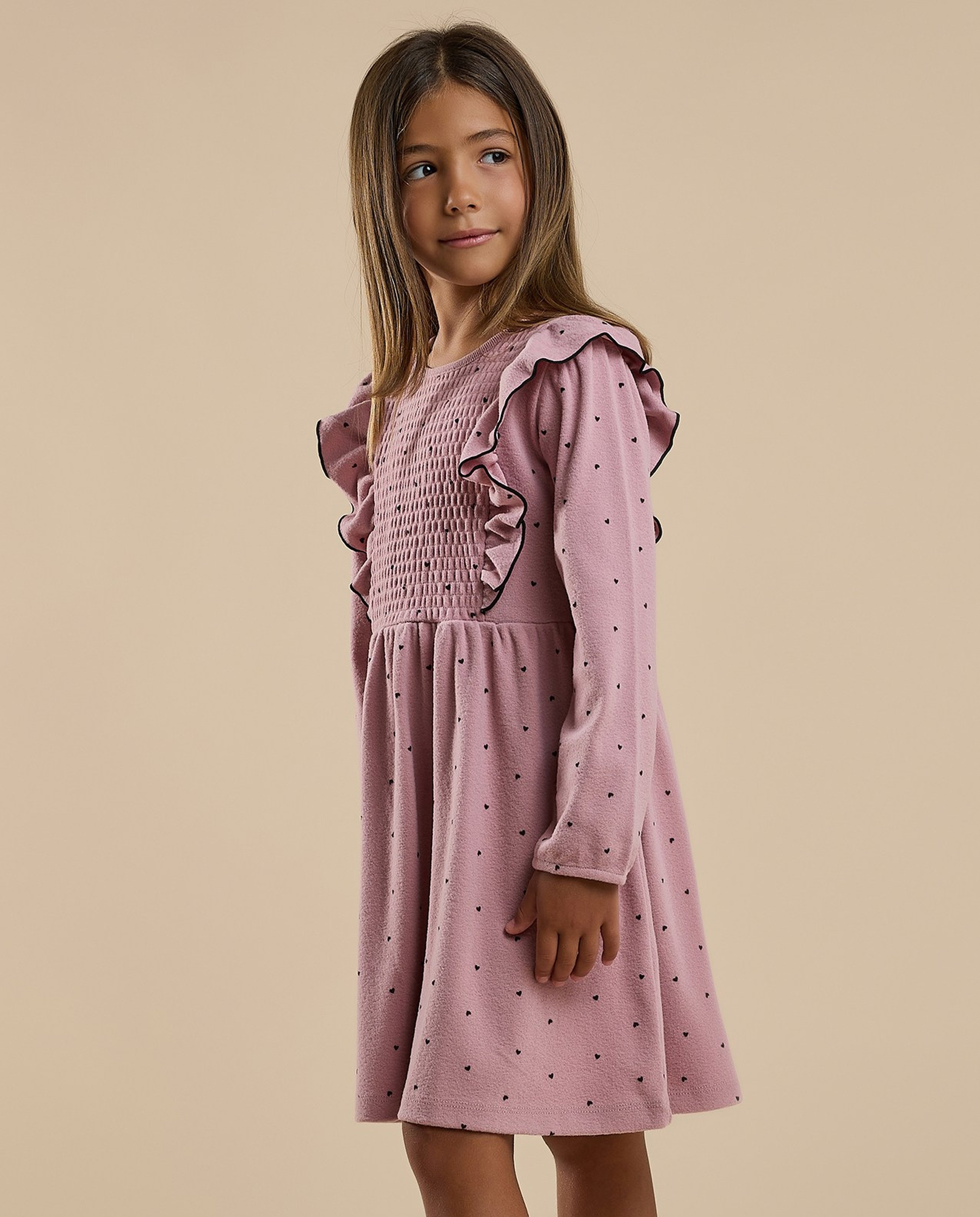 Printed Flared Dress with Crew Neck and Long Sleeves