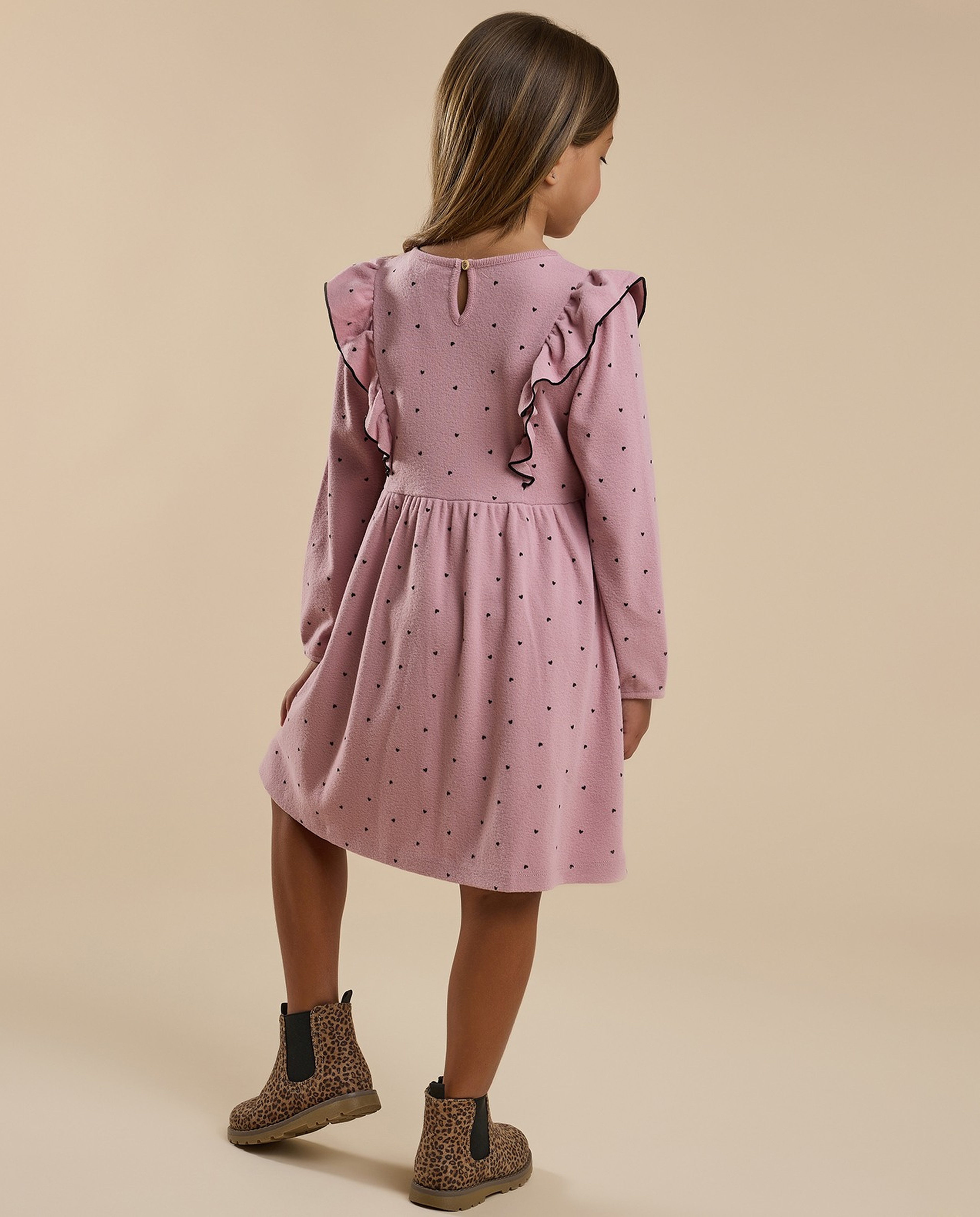 Printed Flared Dress with Crew Neck and Long Sleeves