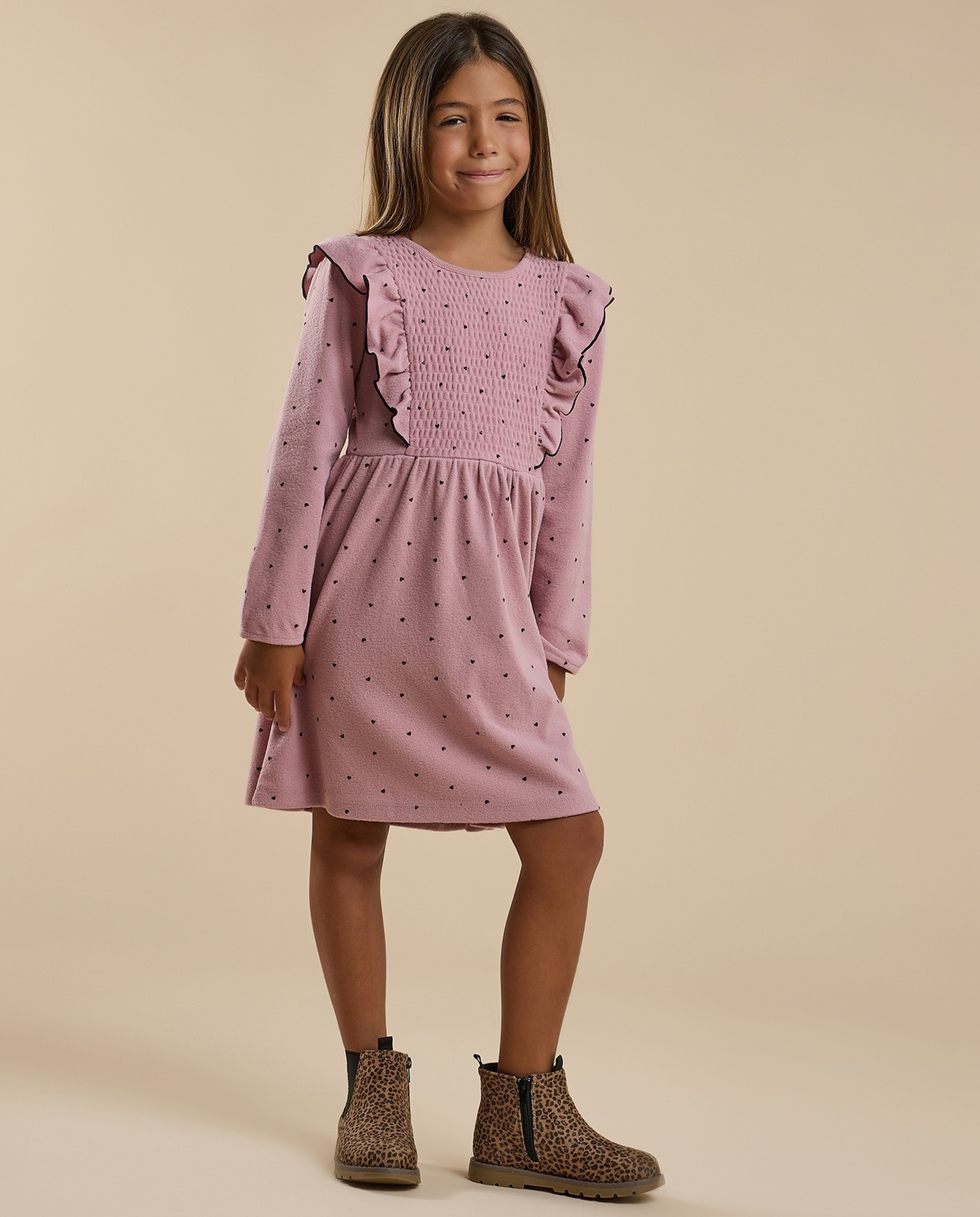 Printed Flared Dress with Crew Neck and Long Sleeves