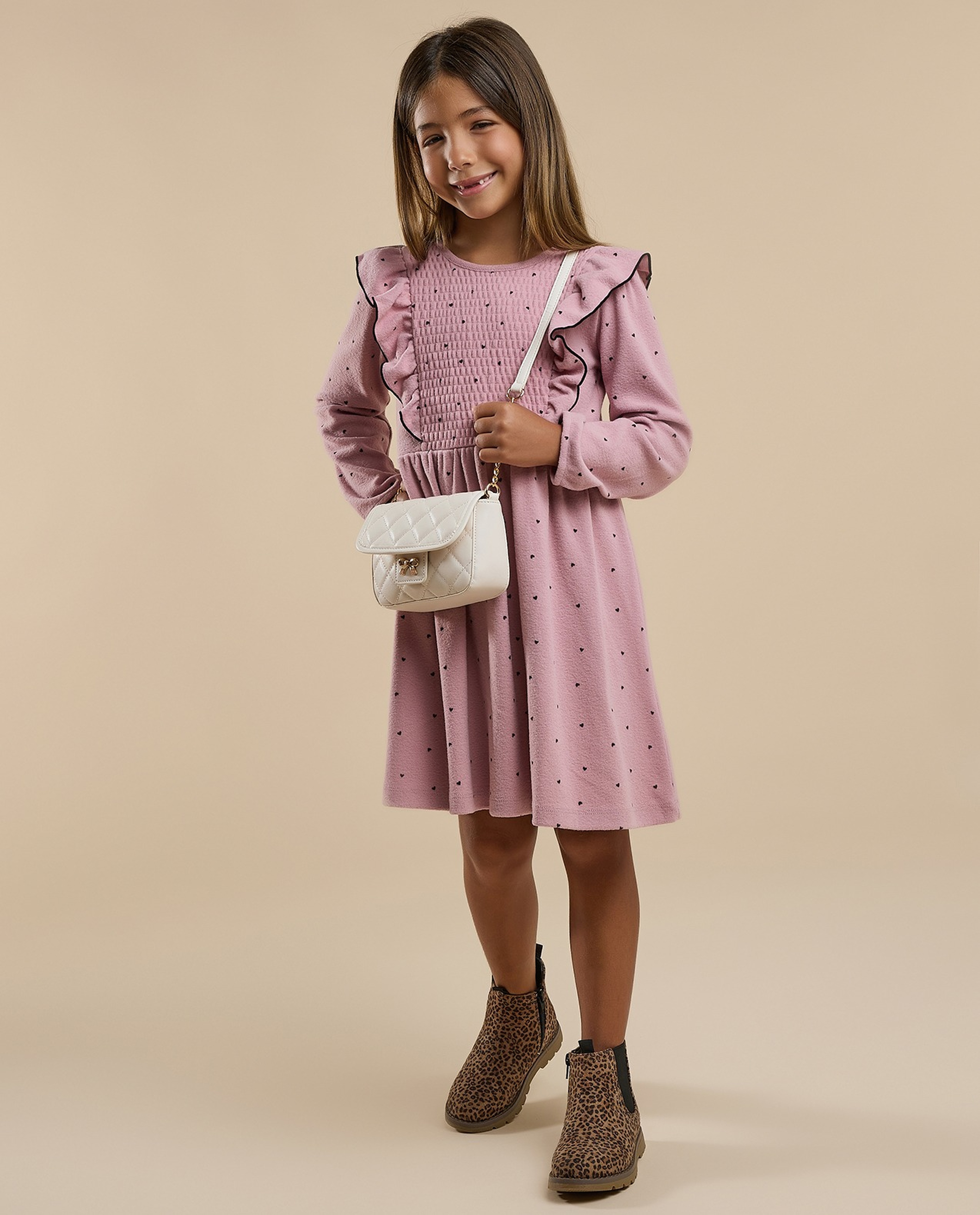 Printed Flared Dress with Crew Neck and Long Sleeves