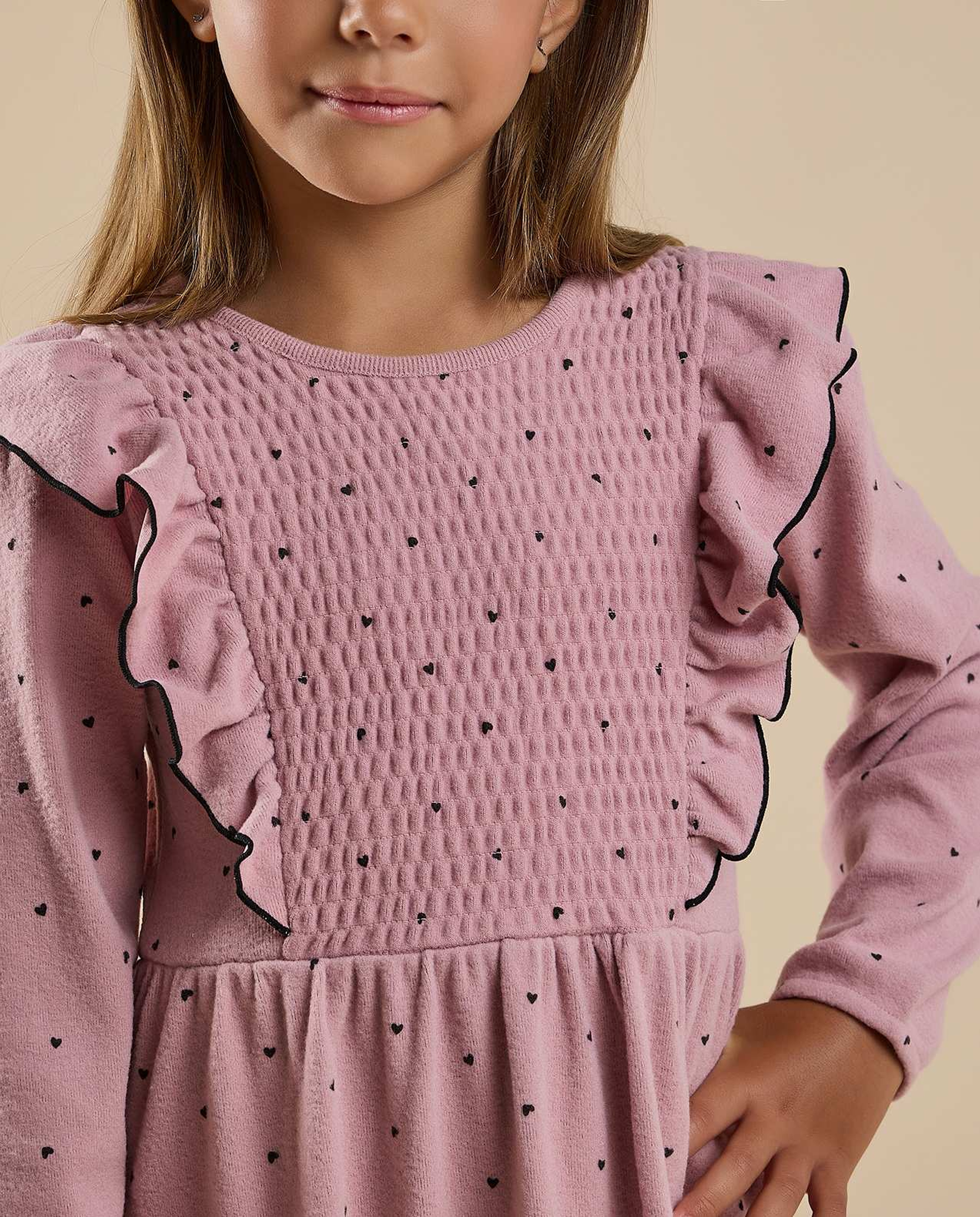 Printed Flared Dress with Crew Neck and Long Sleeves