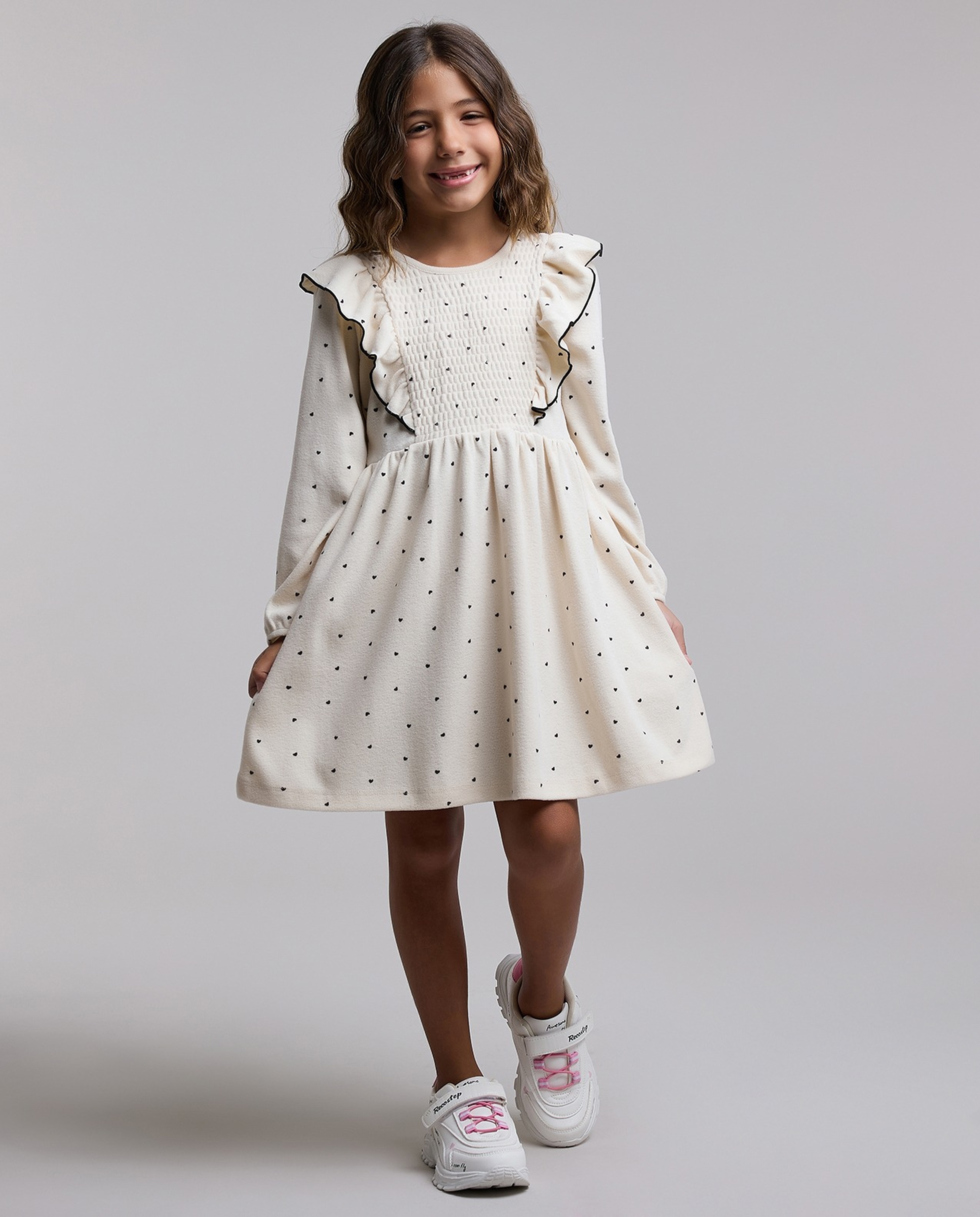 Printed Flared Dress with Crew Neck and Long Sleeves