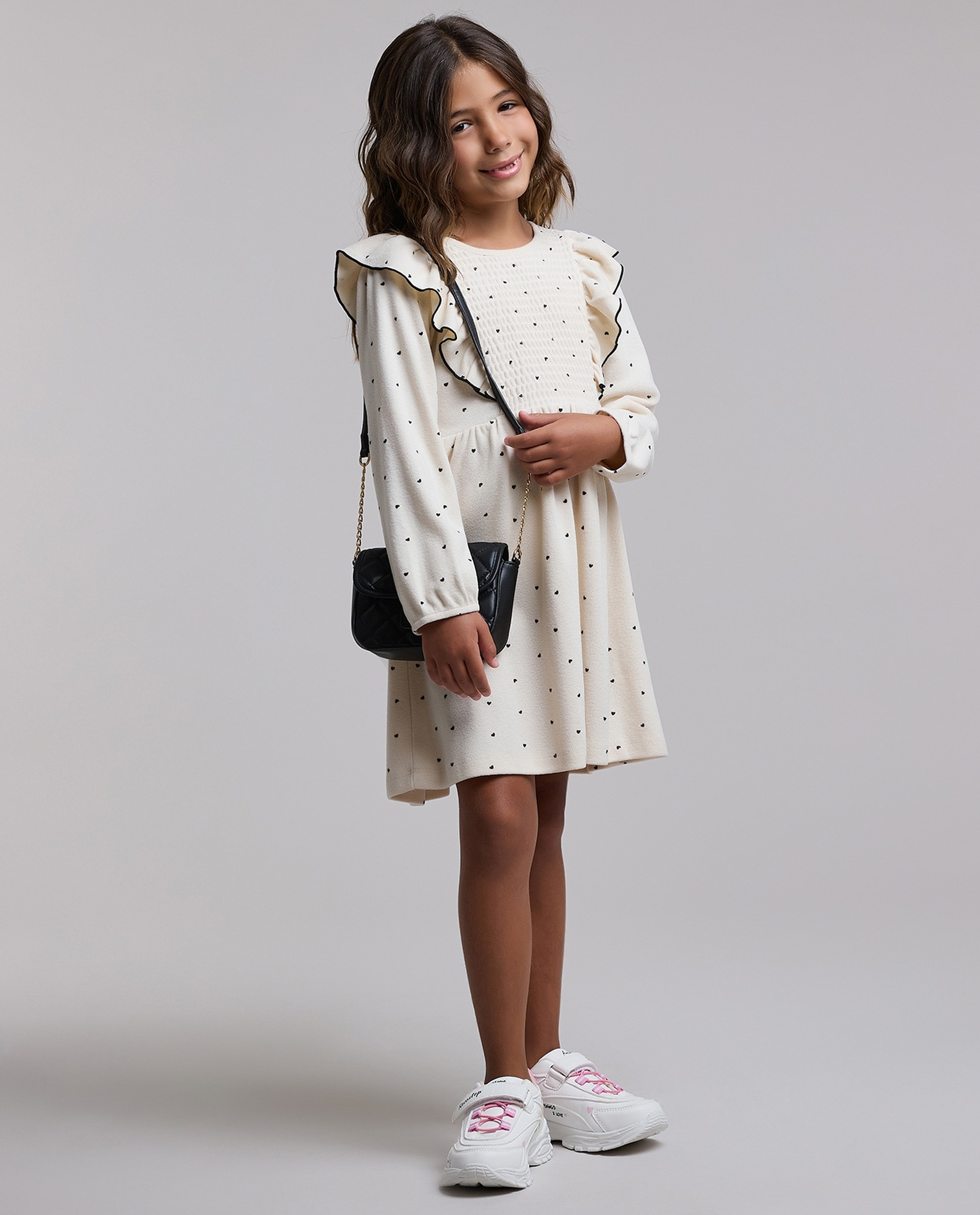 Printed Flared Dress with Crew Neck and Long Sleeves