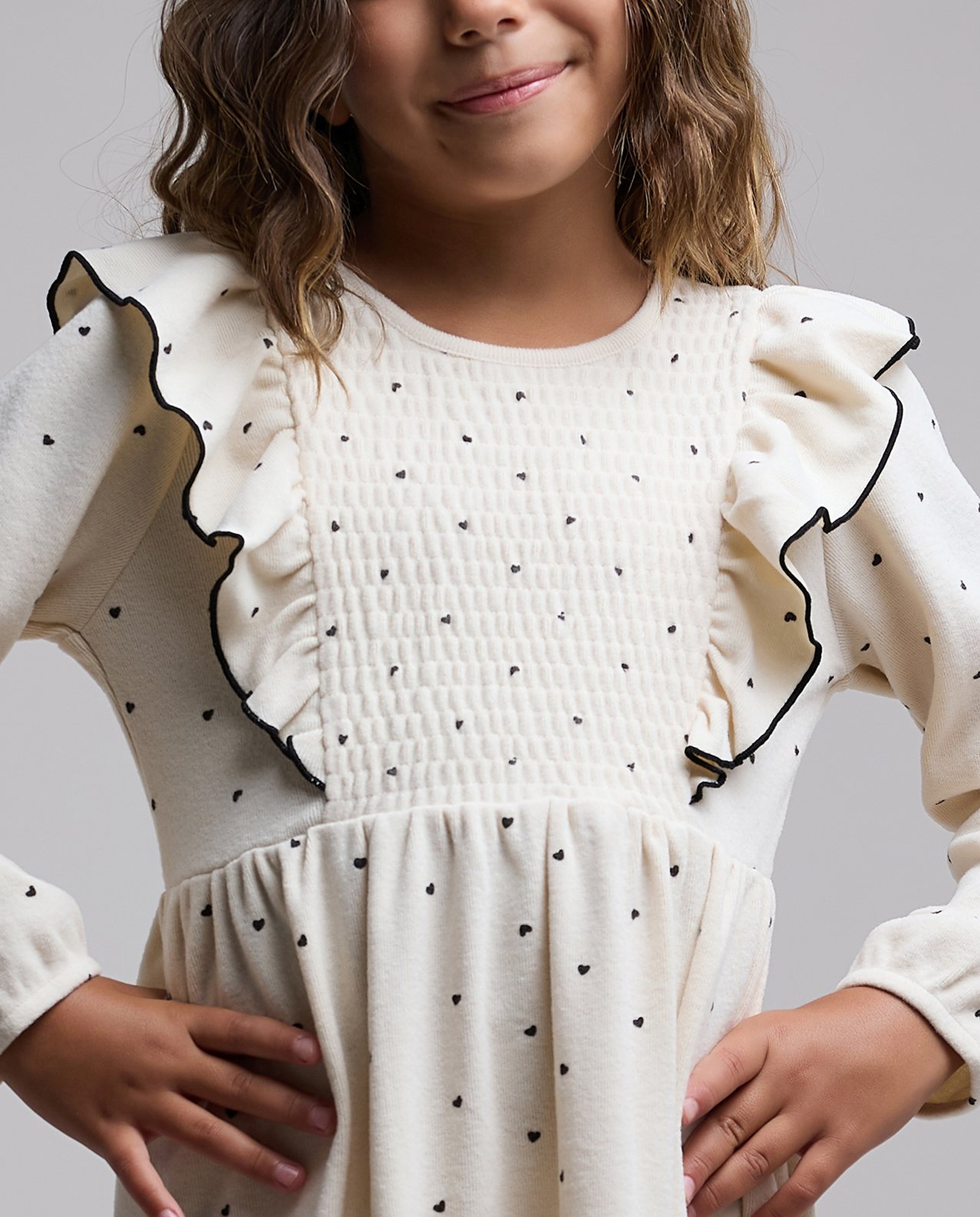 Printed Flared Dress with Crew Neck and Long Sleeves