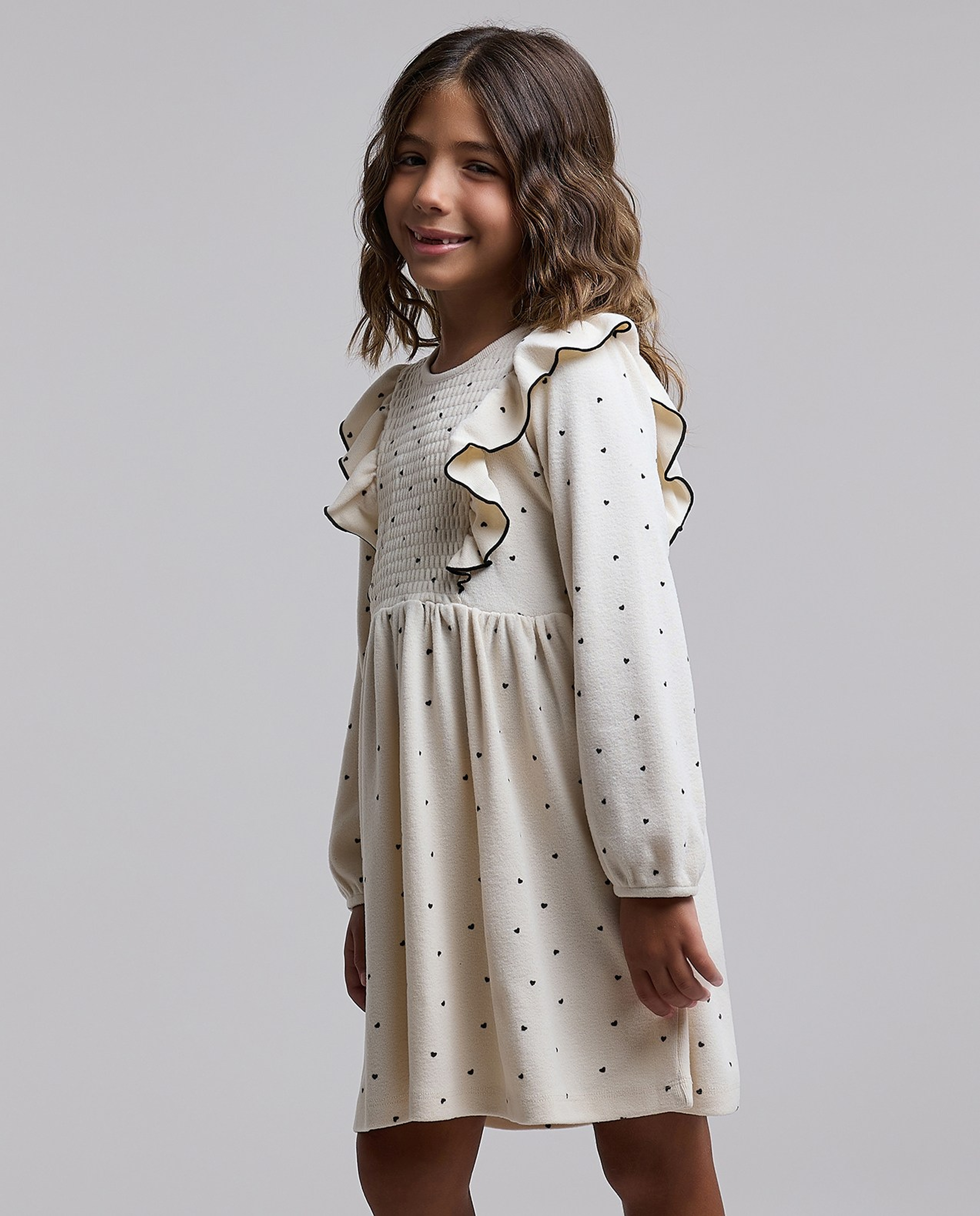 Printed Flared Dress with Crew Neck and Long Sleeves