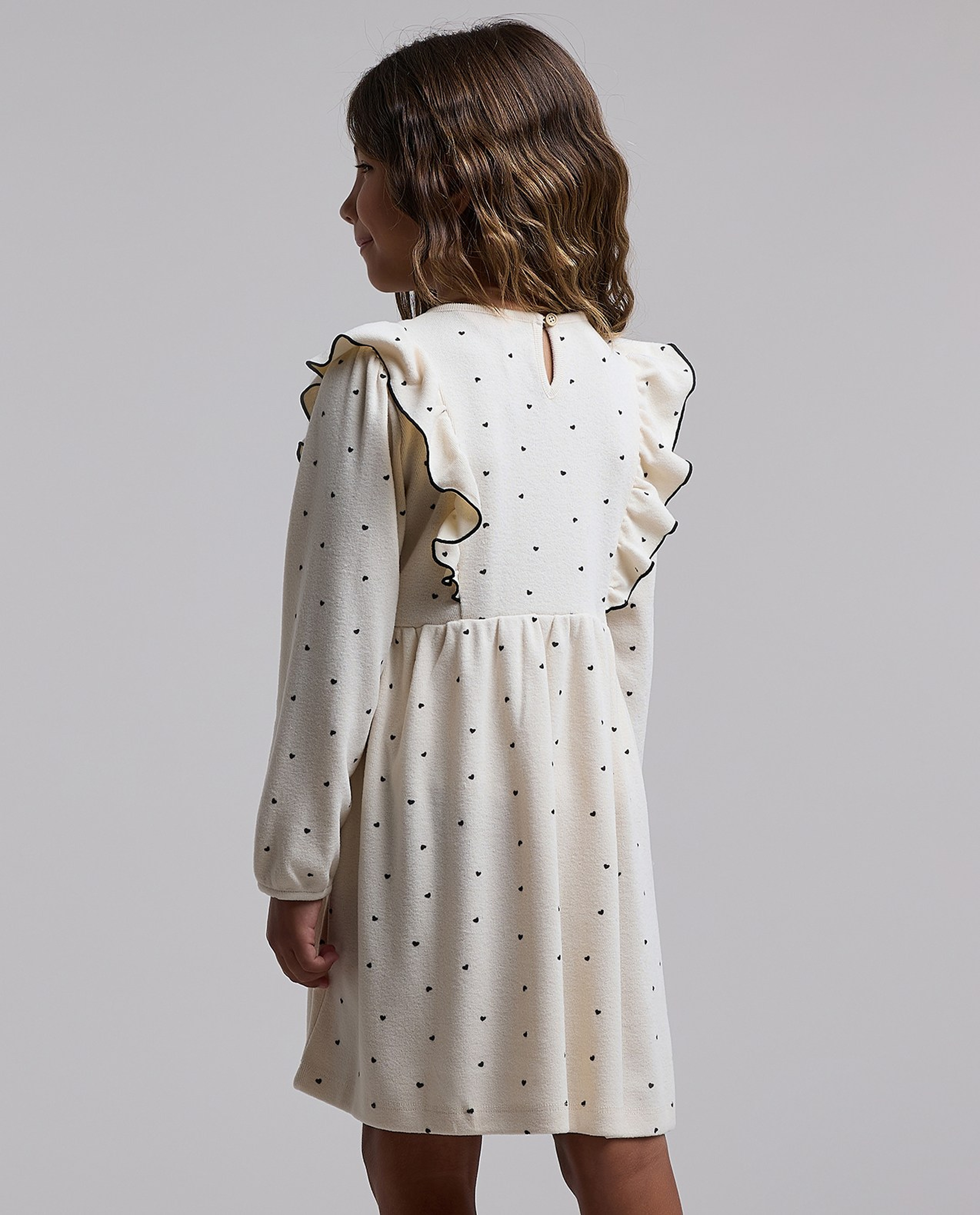 Printed Flared Dress with Crew Neck and Long Sleeves