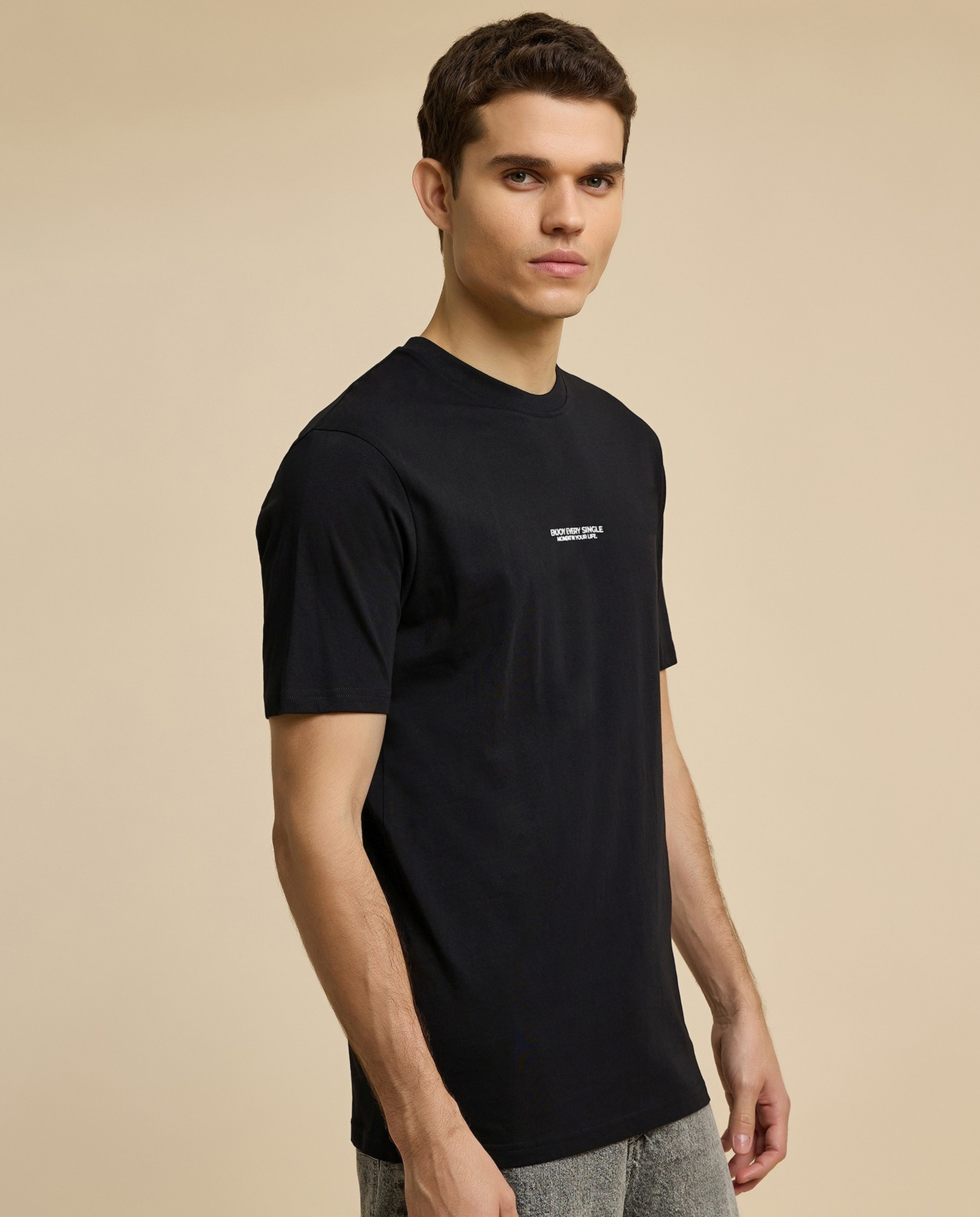 Typography Print T-Shirt with Crew Neck and Short Sleeves