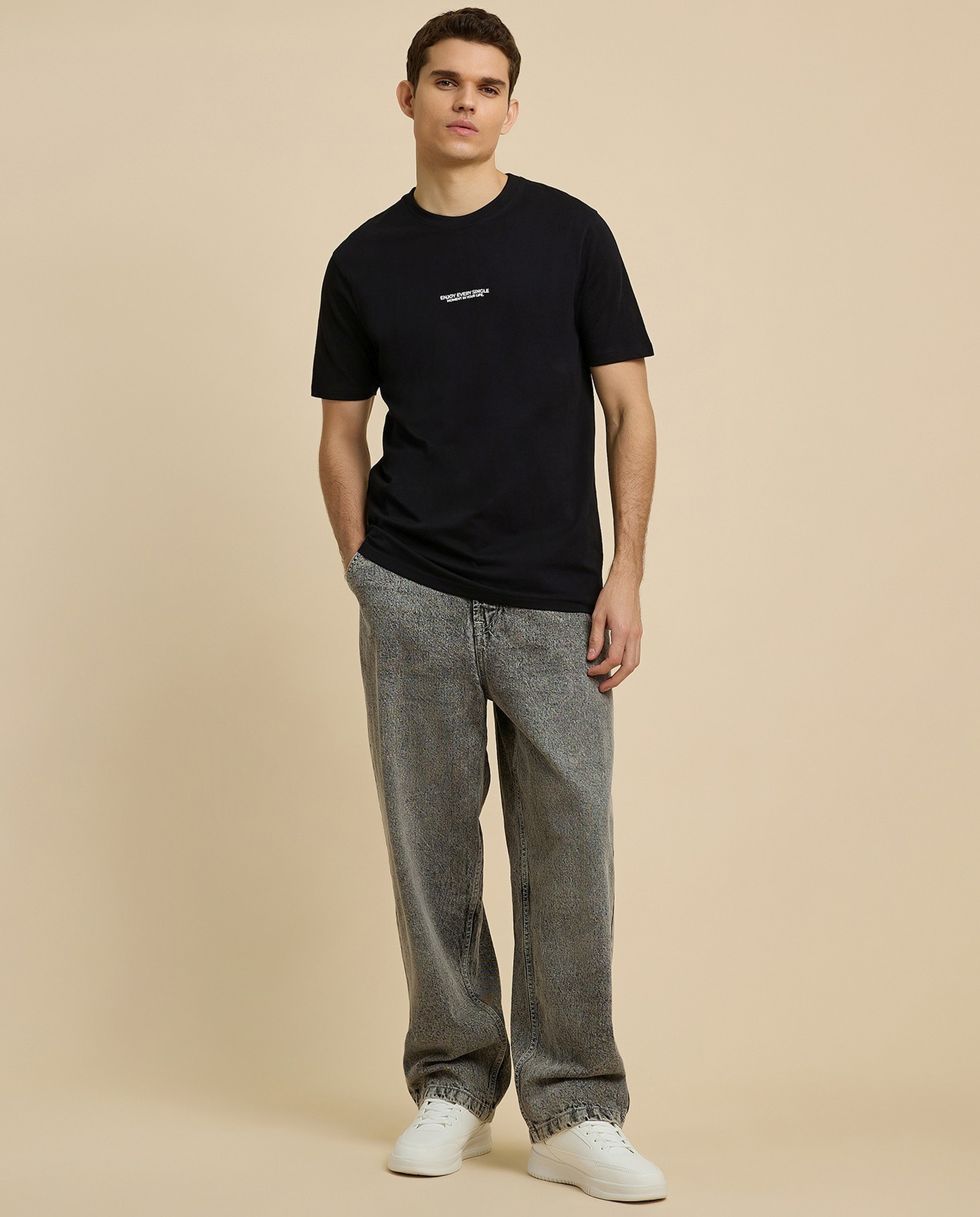 Typography Print T-Shirt with Crew Neck and Short Sleeves