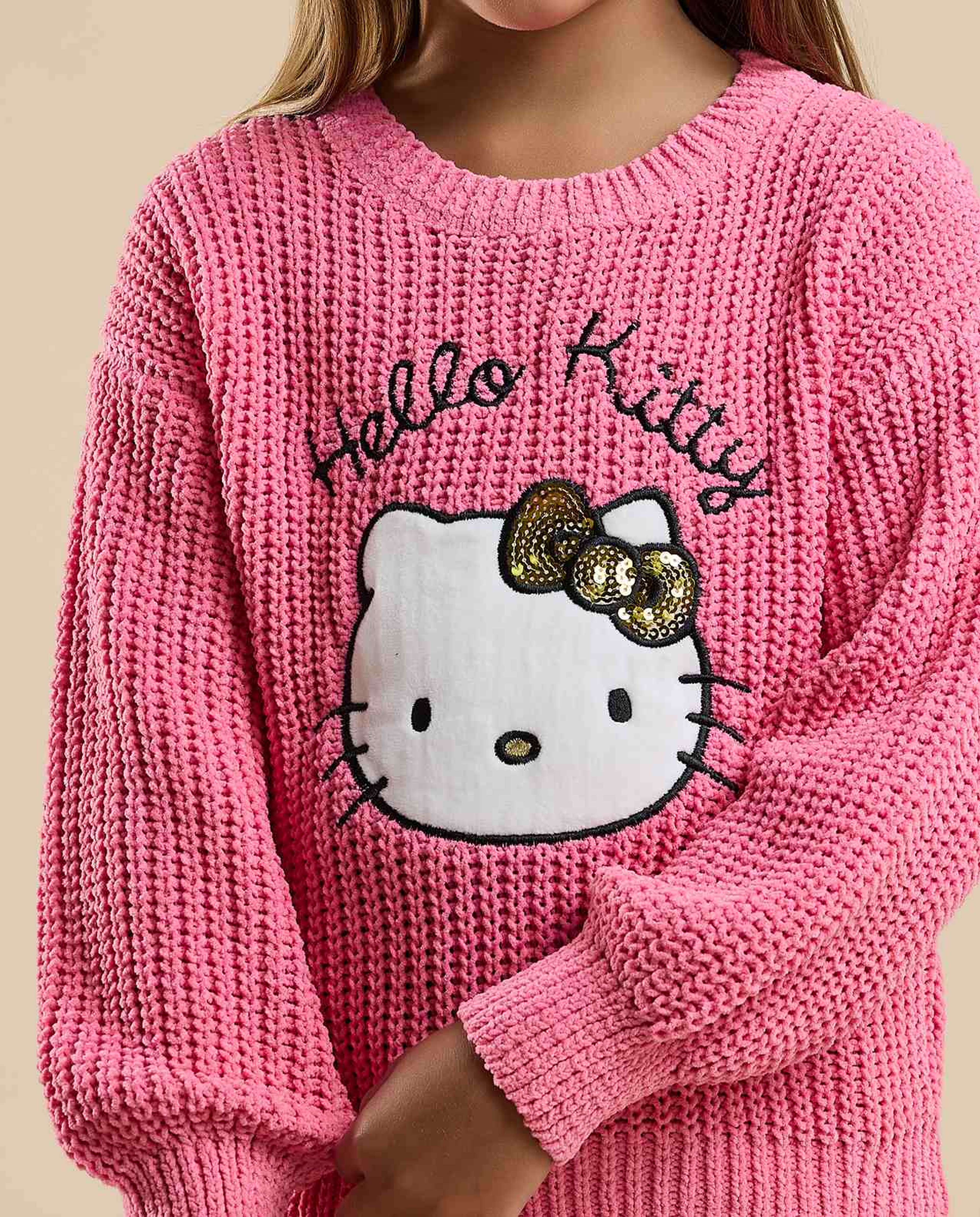 Hello Kitty Appliqued Sweater with Crew Neck and Long Sleeves