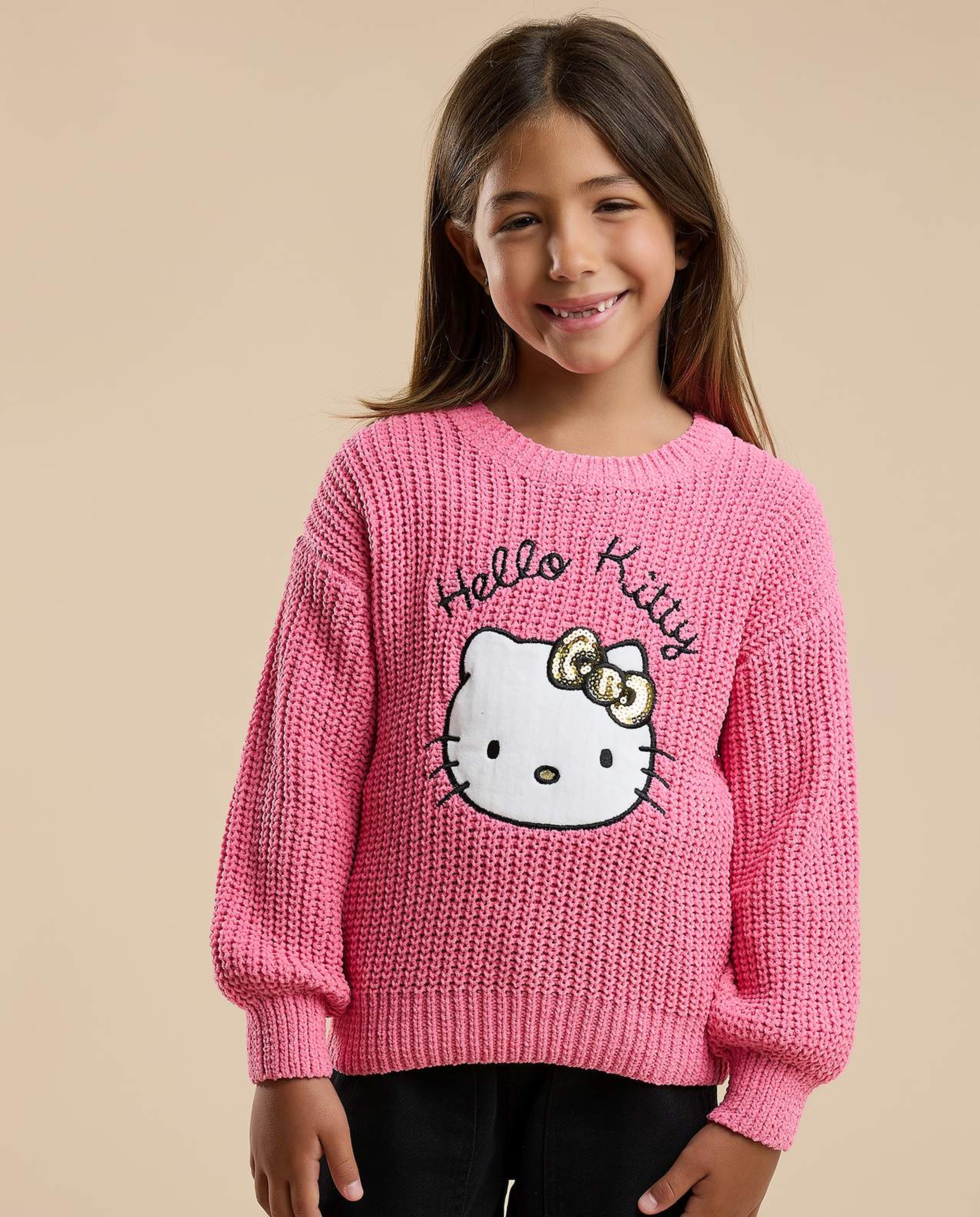 Hello Kitty Appliqued Sweater with Crew Neck and Long Sleeves