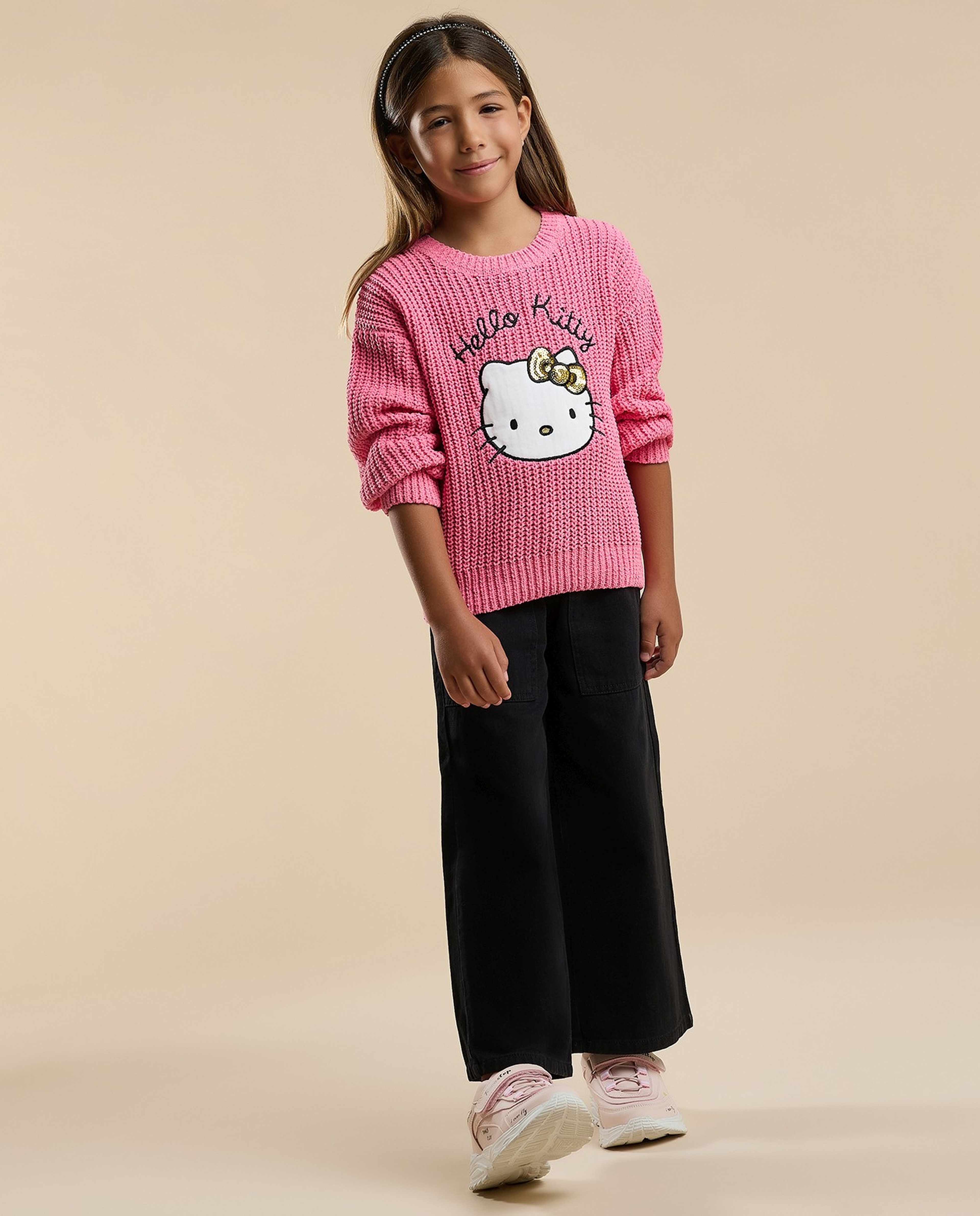 Hello Kitty Appliqued Sweater with Crew Neck and Long Sleeves