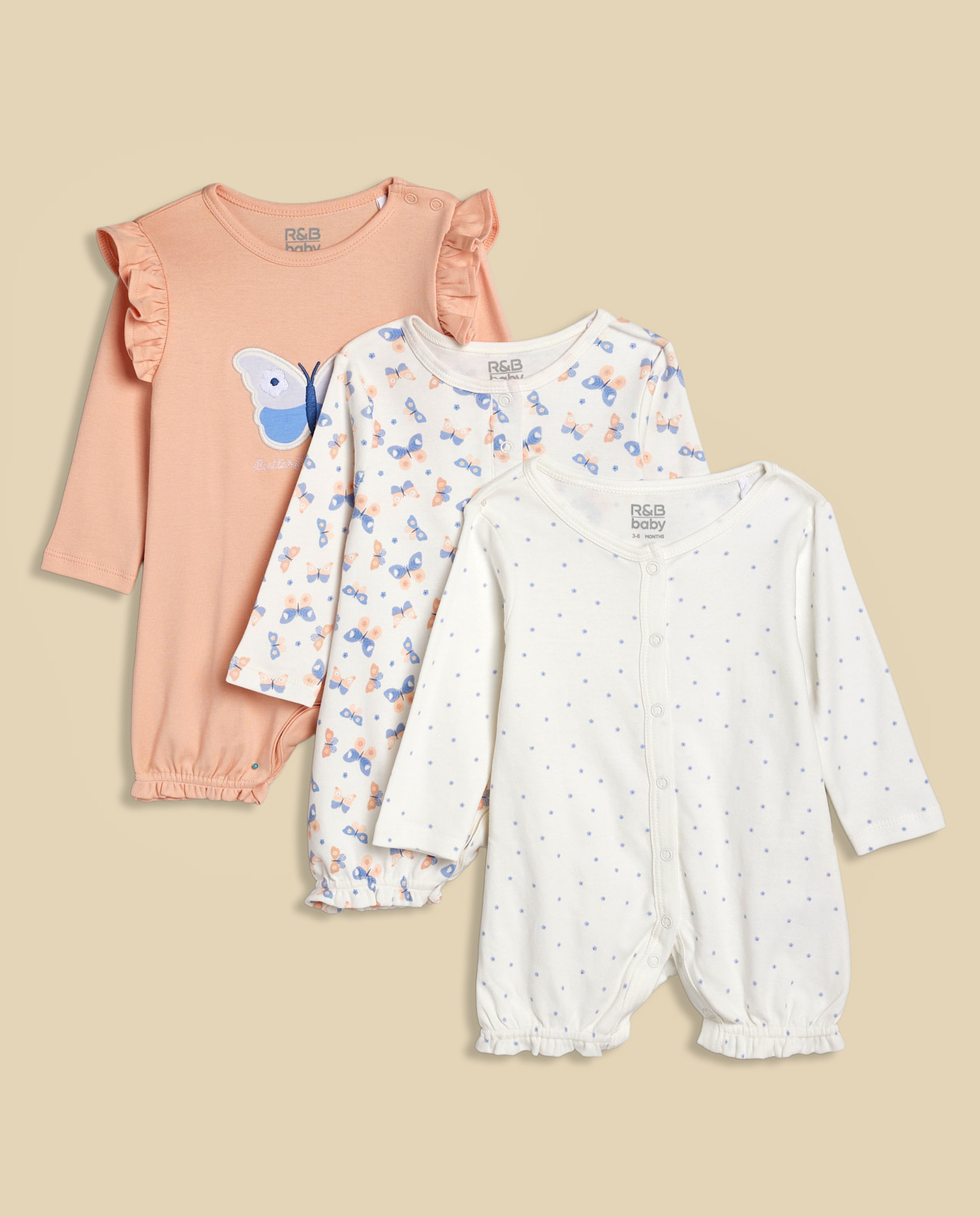 3 Pack Printed Rompers with Long Sleeves