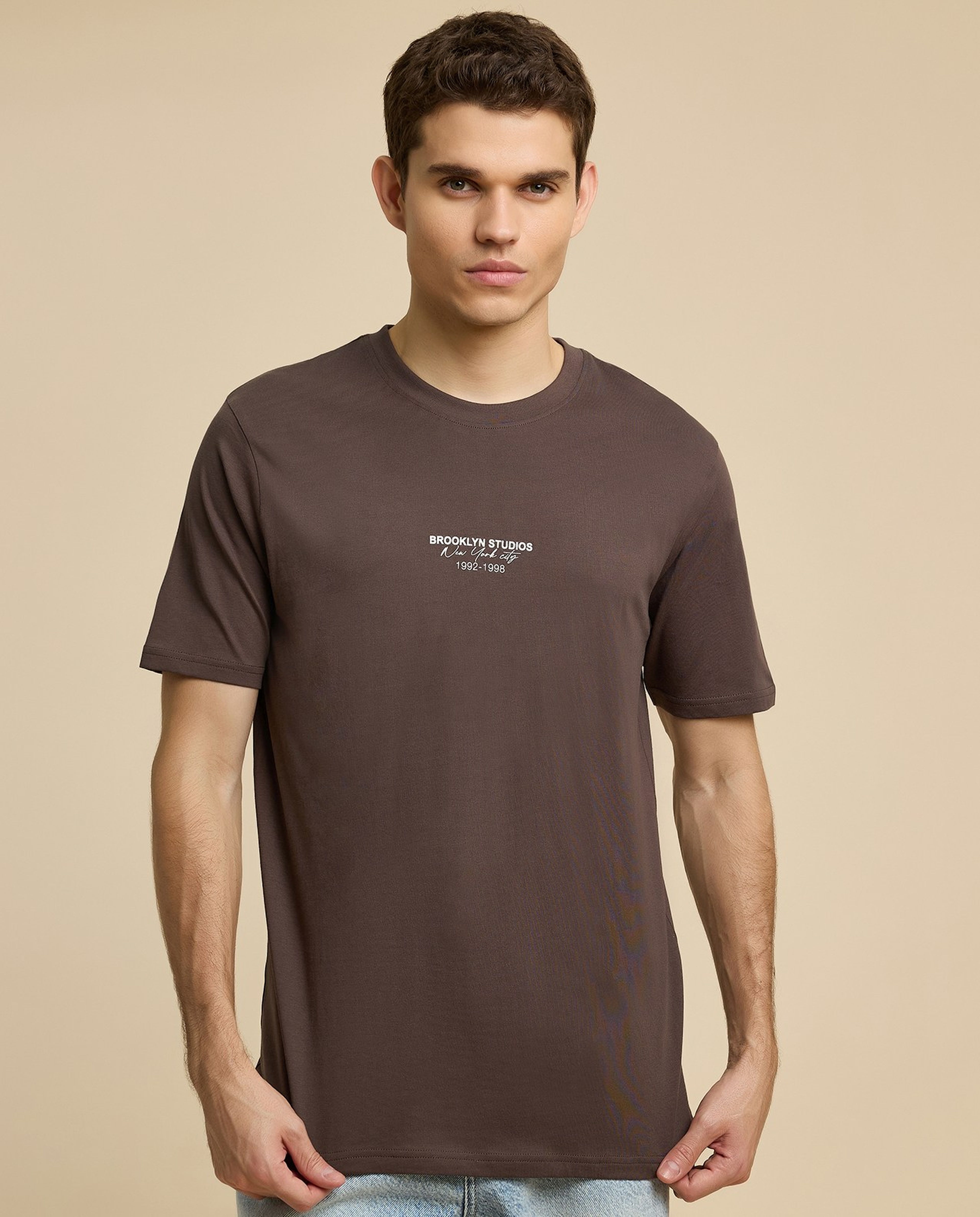 Typography Print T-Shirt with Crew Neck and Short Sleeves