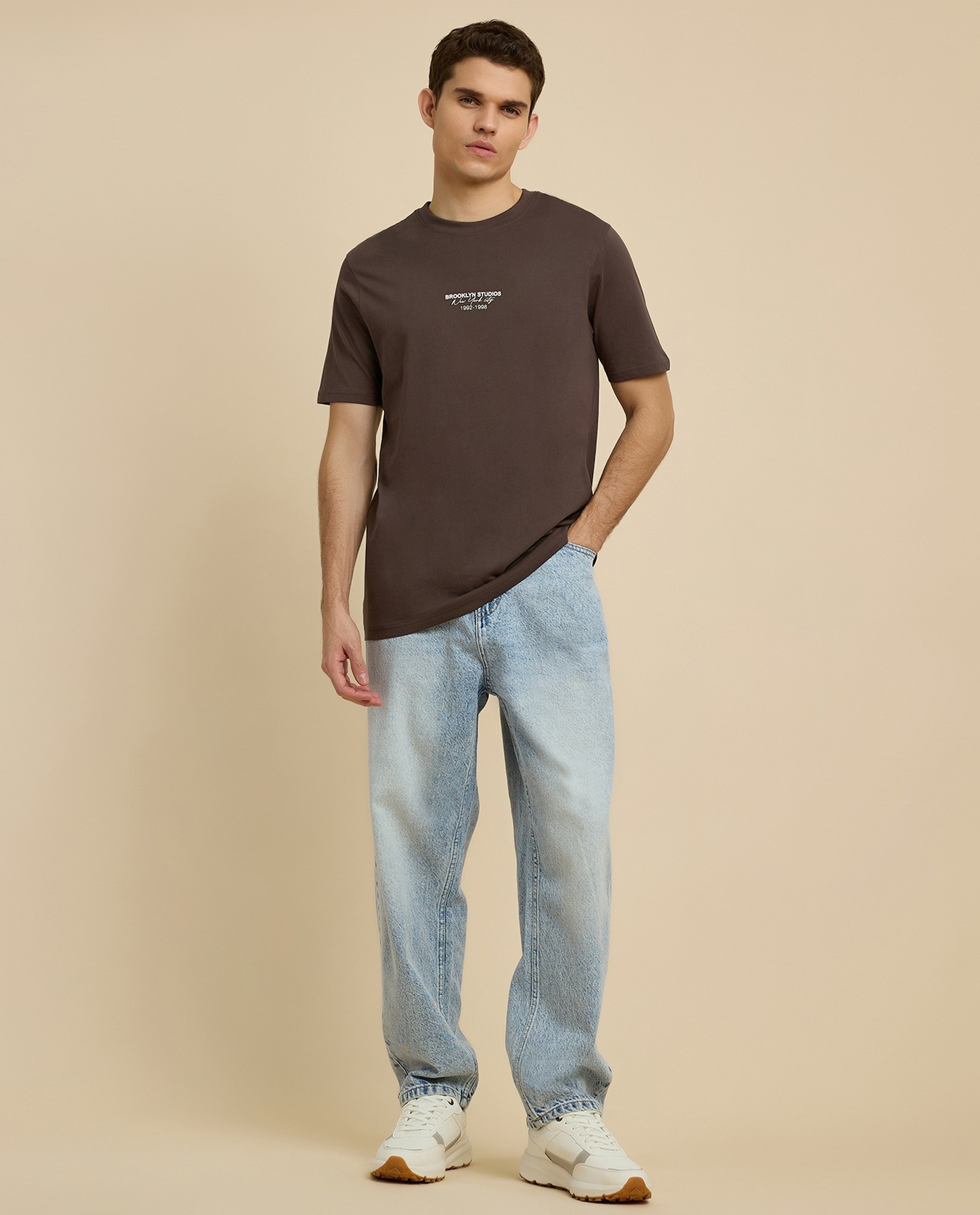 Typography Print T-Shirt with Crew Neck and Short Sleeves