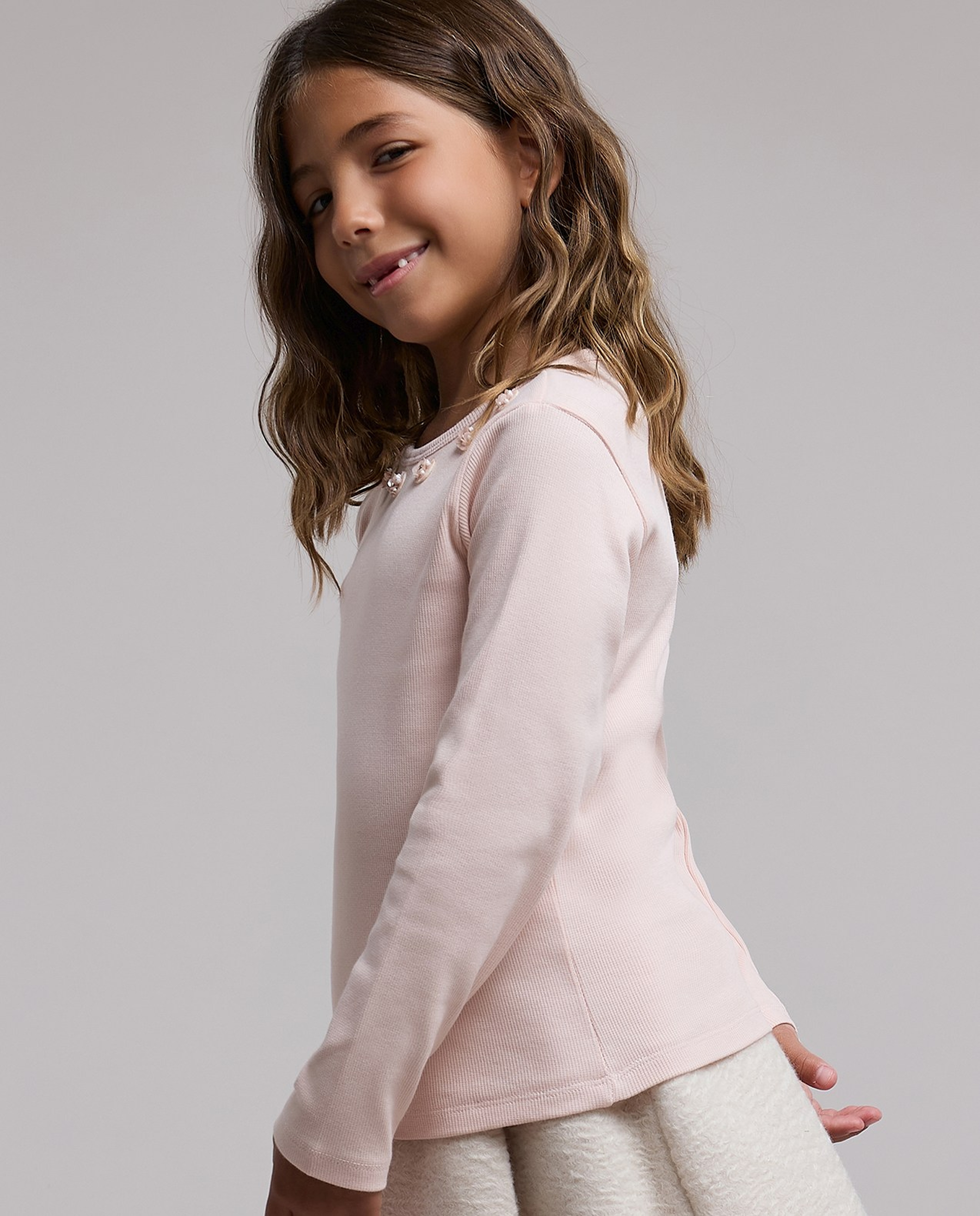 Embellished Top with Round Neck and Long Sleeves