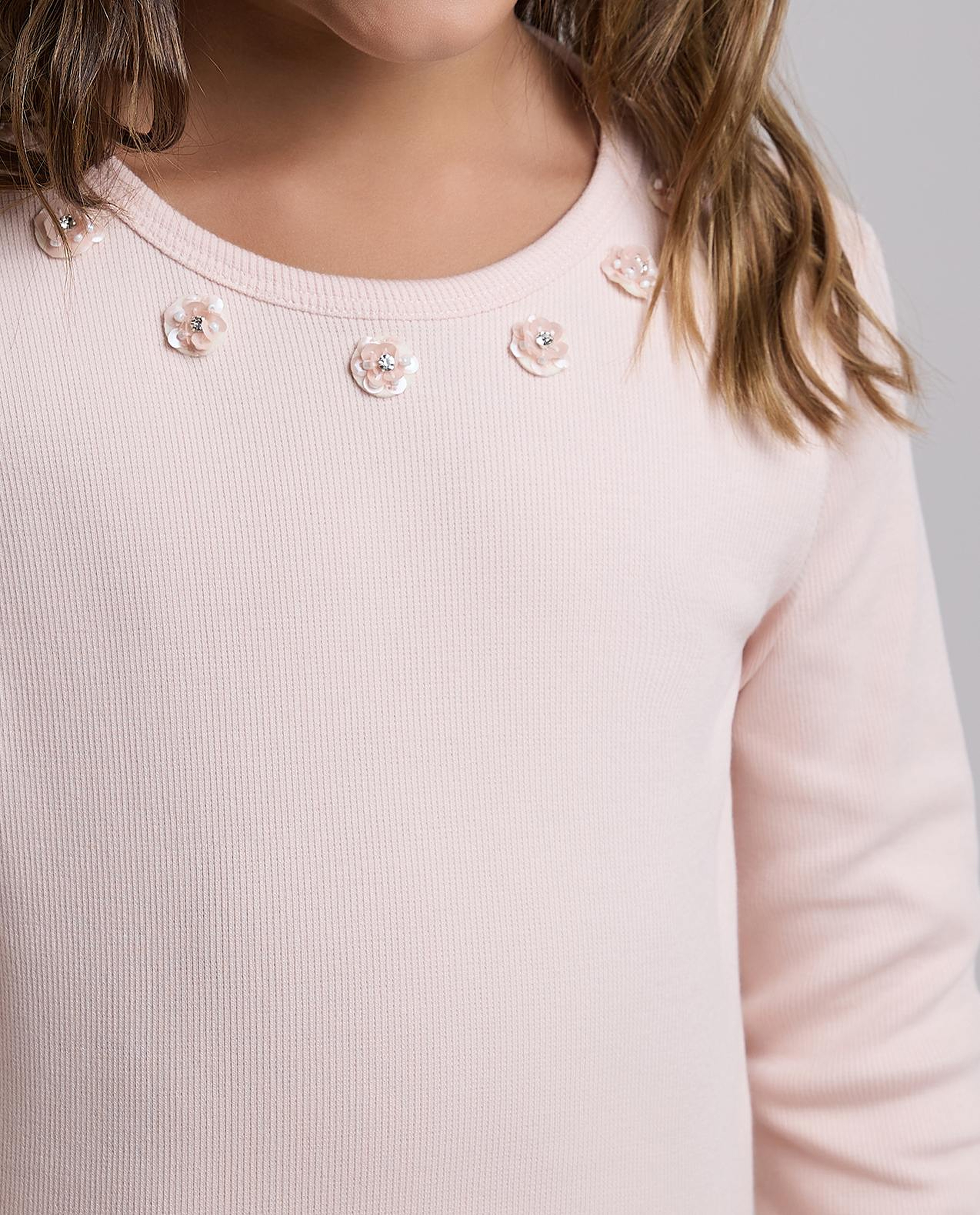 Embellished Top with Round Neck and Long Sleeves
