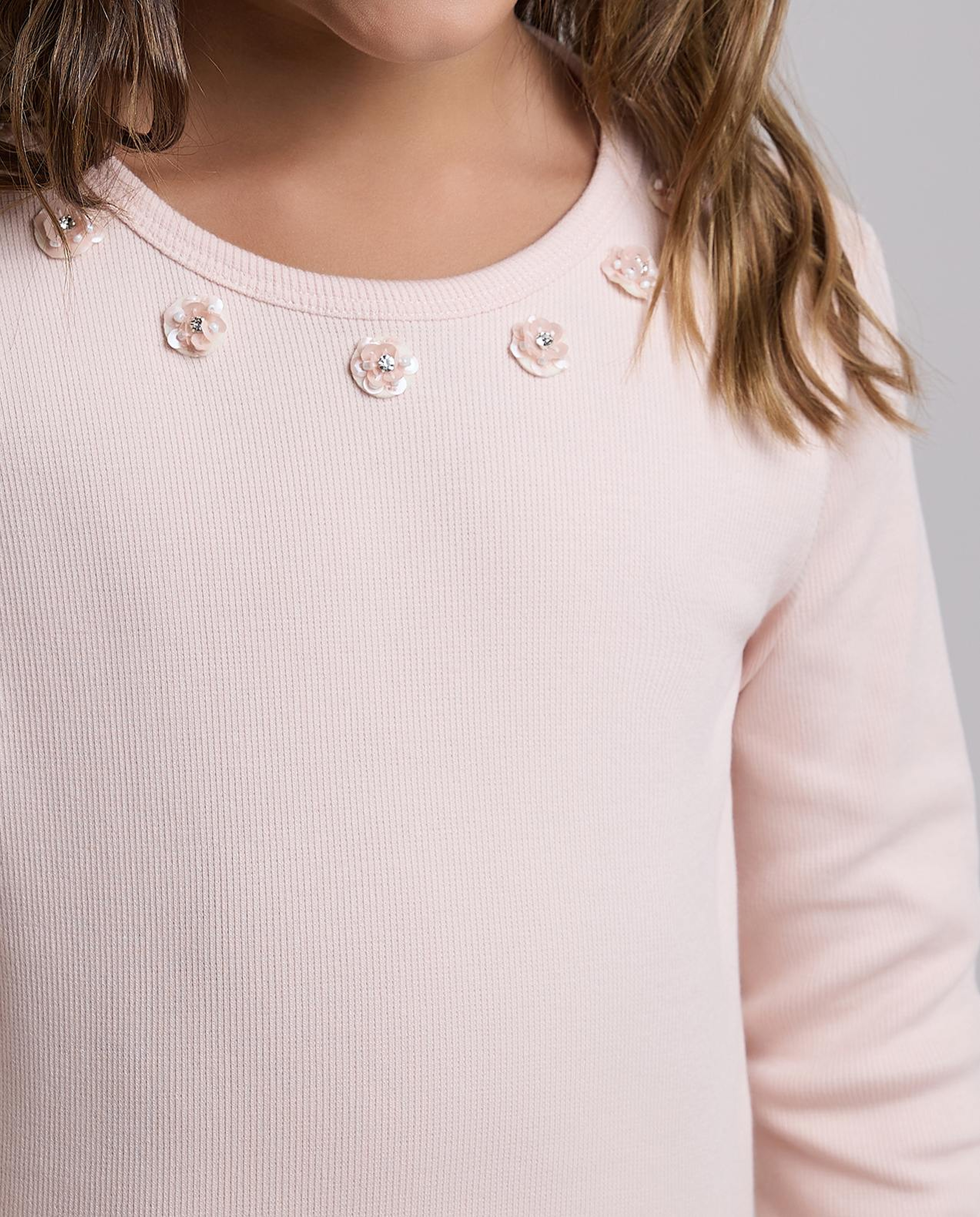 Embellished Top with Round Neck and Long Sleeves