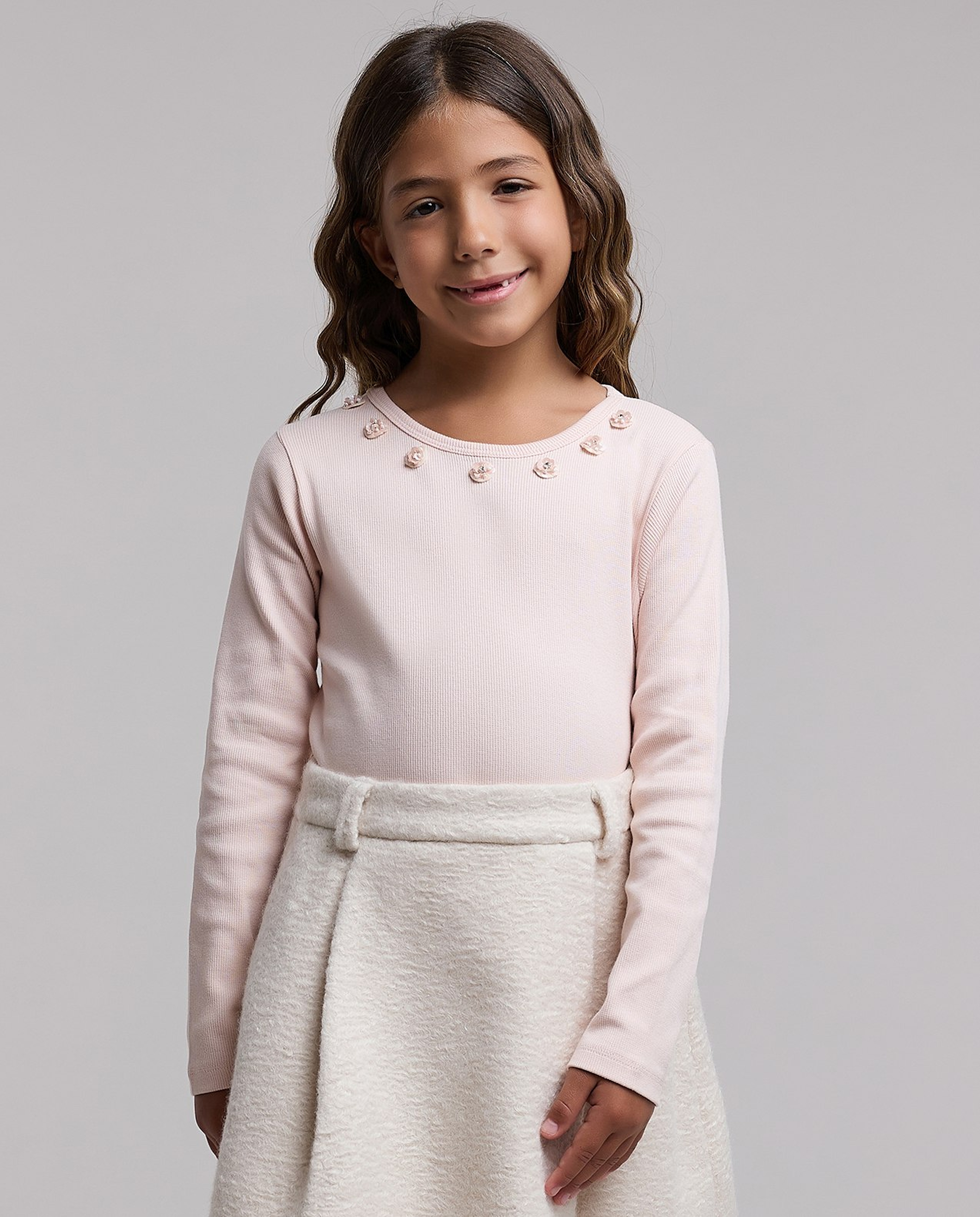 Embellished Top with Round Neck and Long Sleeves