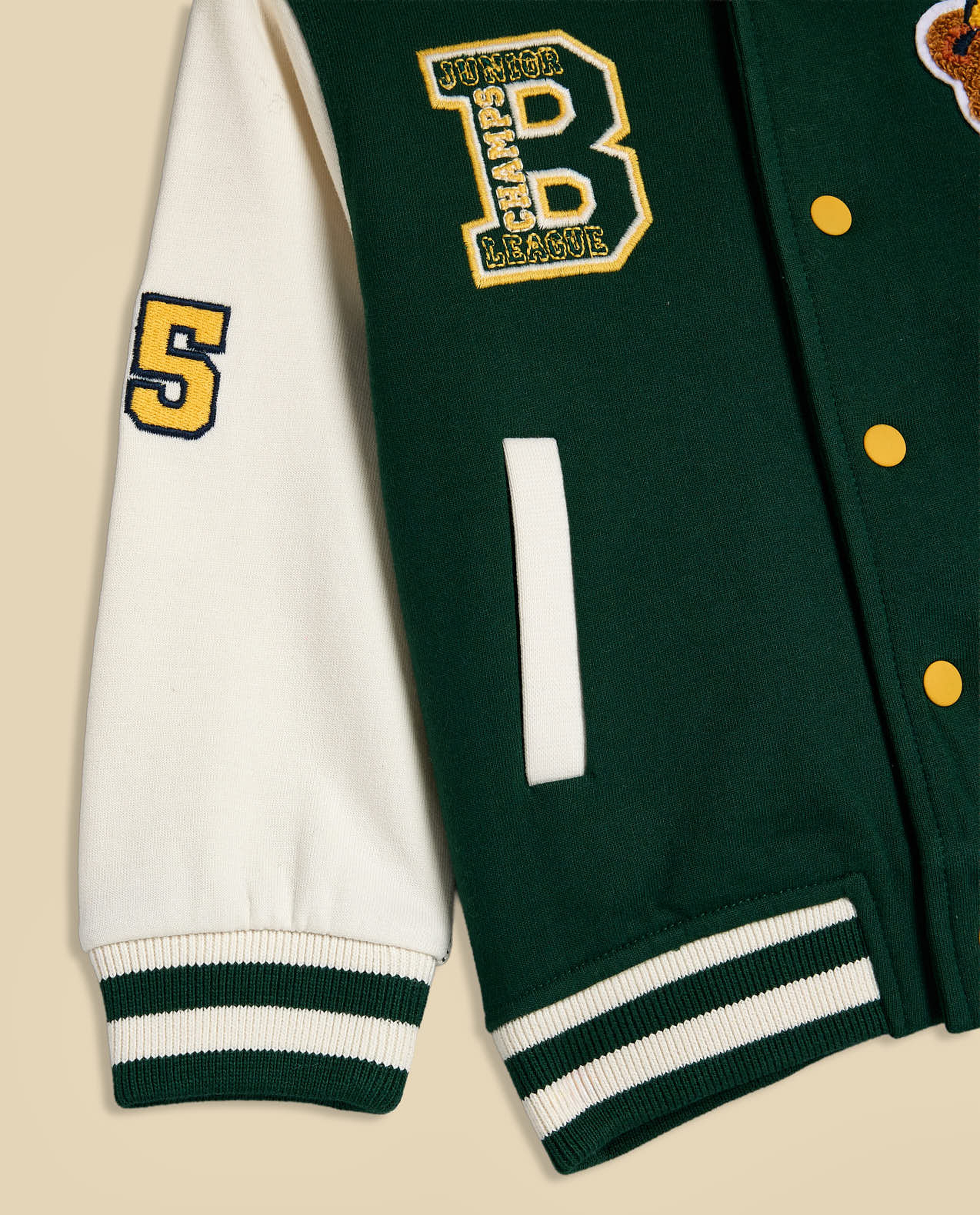 Appliqued Varsity Jacket with Stand Collar and Long Sleeves