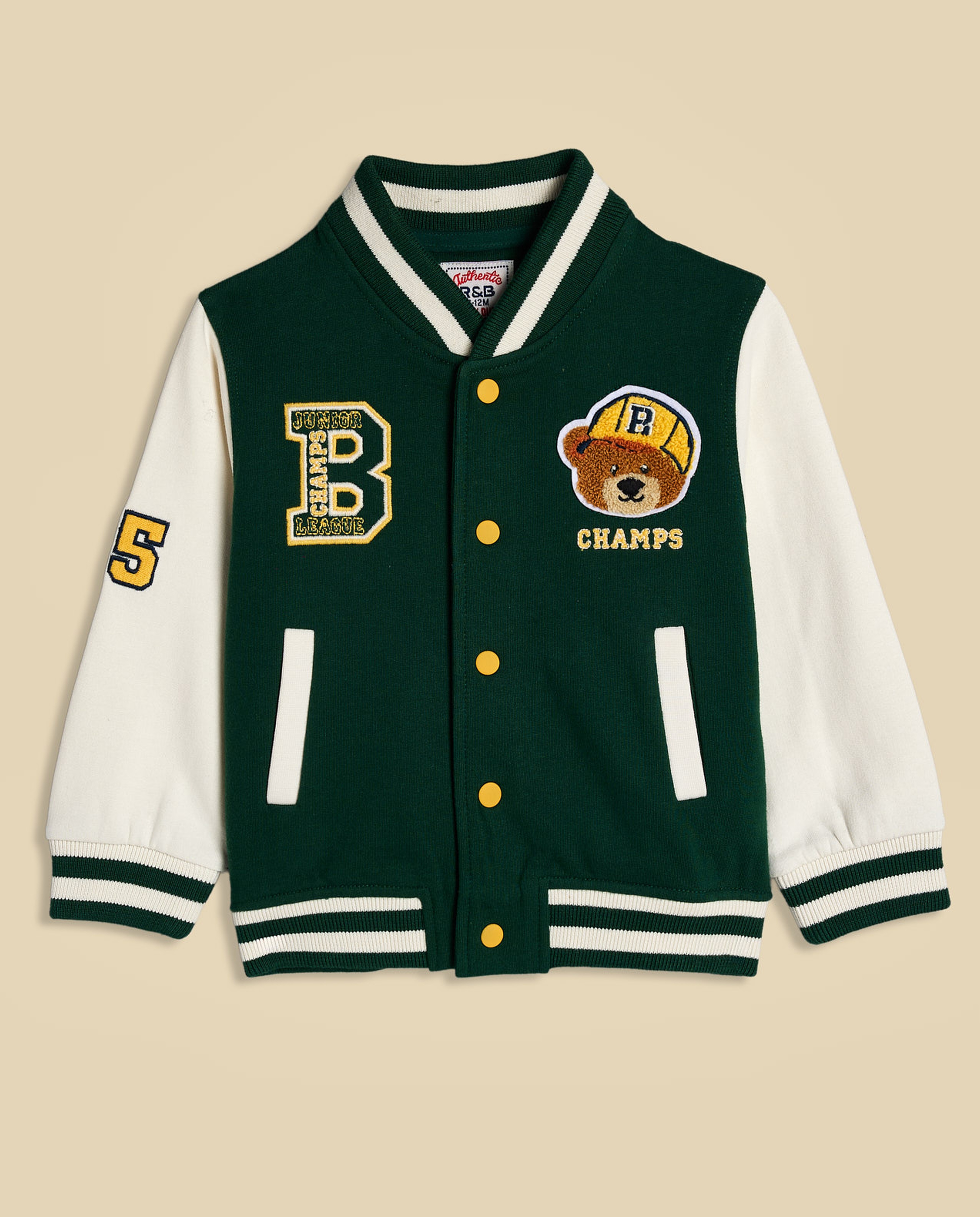 Appliqued Varsity Jacket with Stand Collar and Long Sleeves
