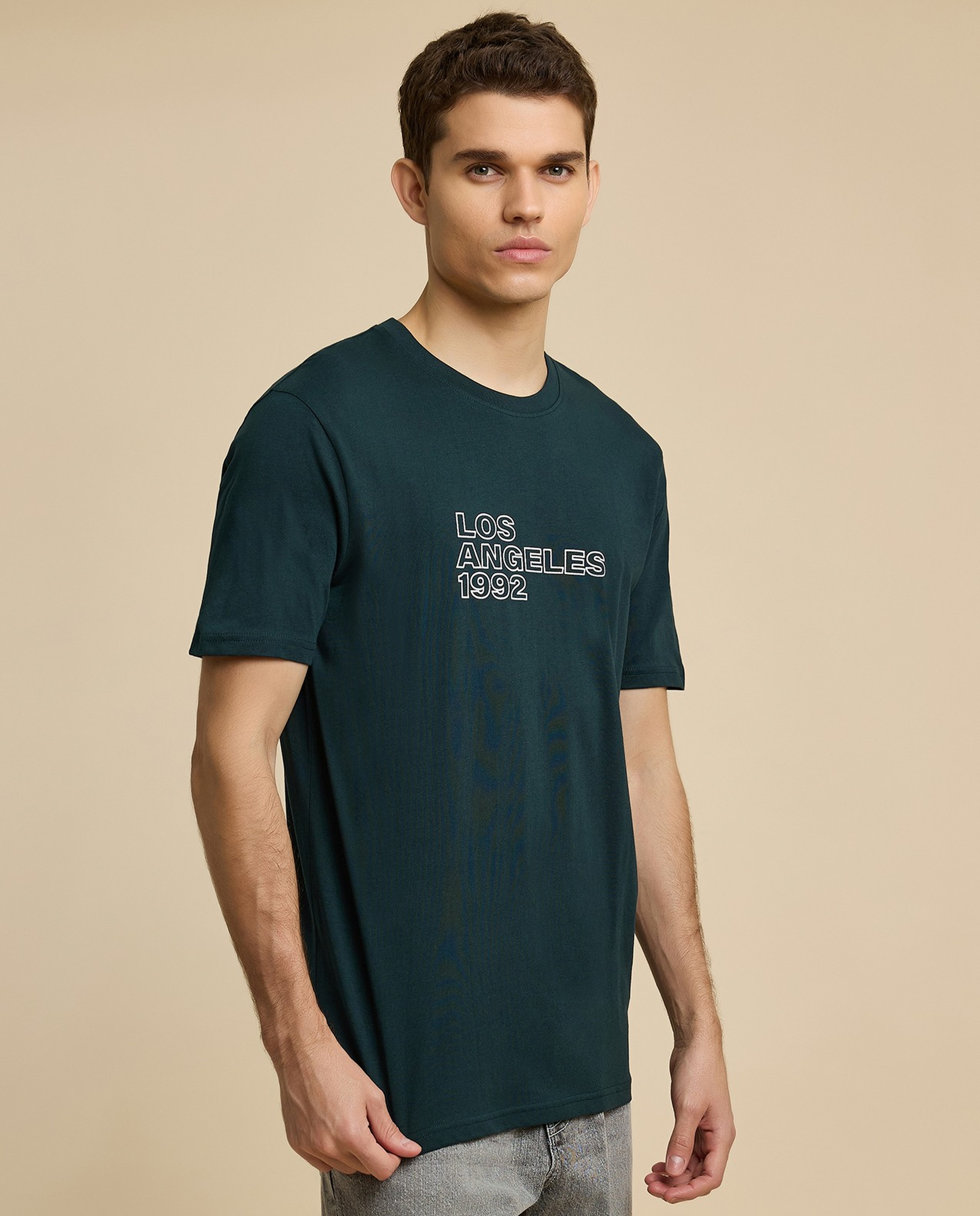 Typography Print T-Shirt with Crew Neck and Short Sleeves
