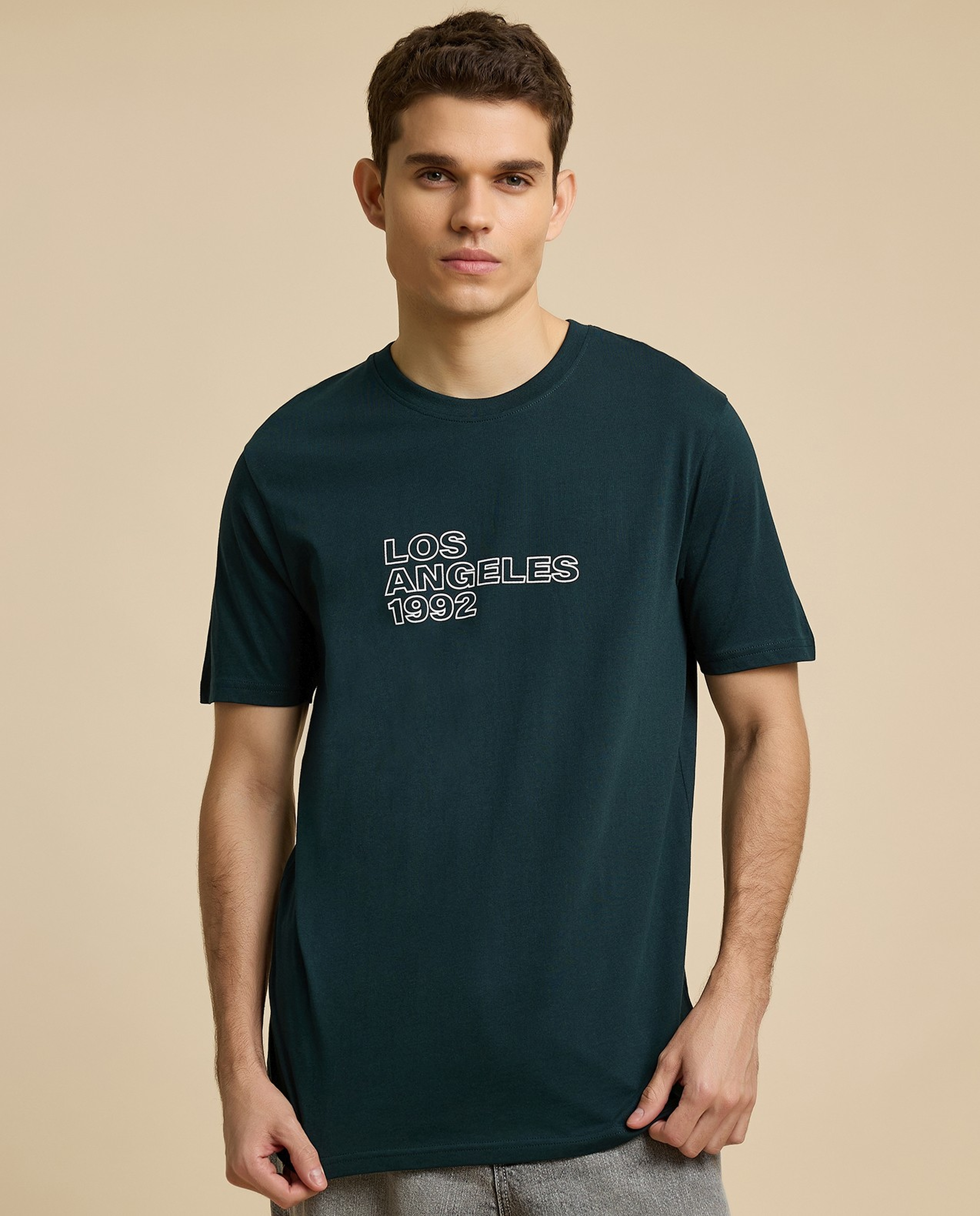 Typography Print T-Shirt with Crew Neck and Short Sleeves