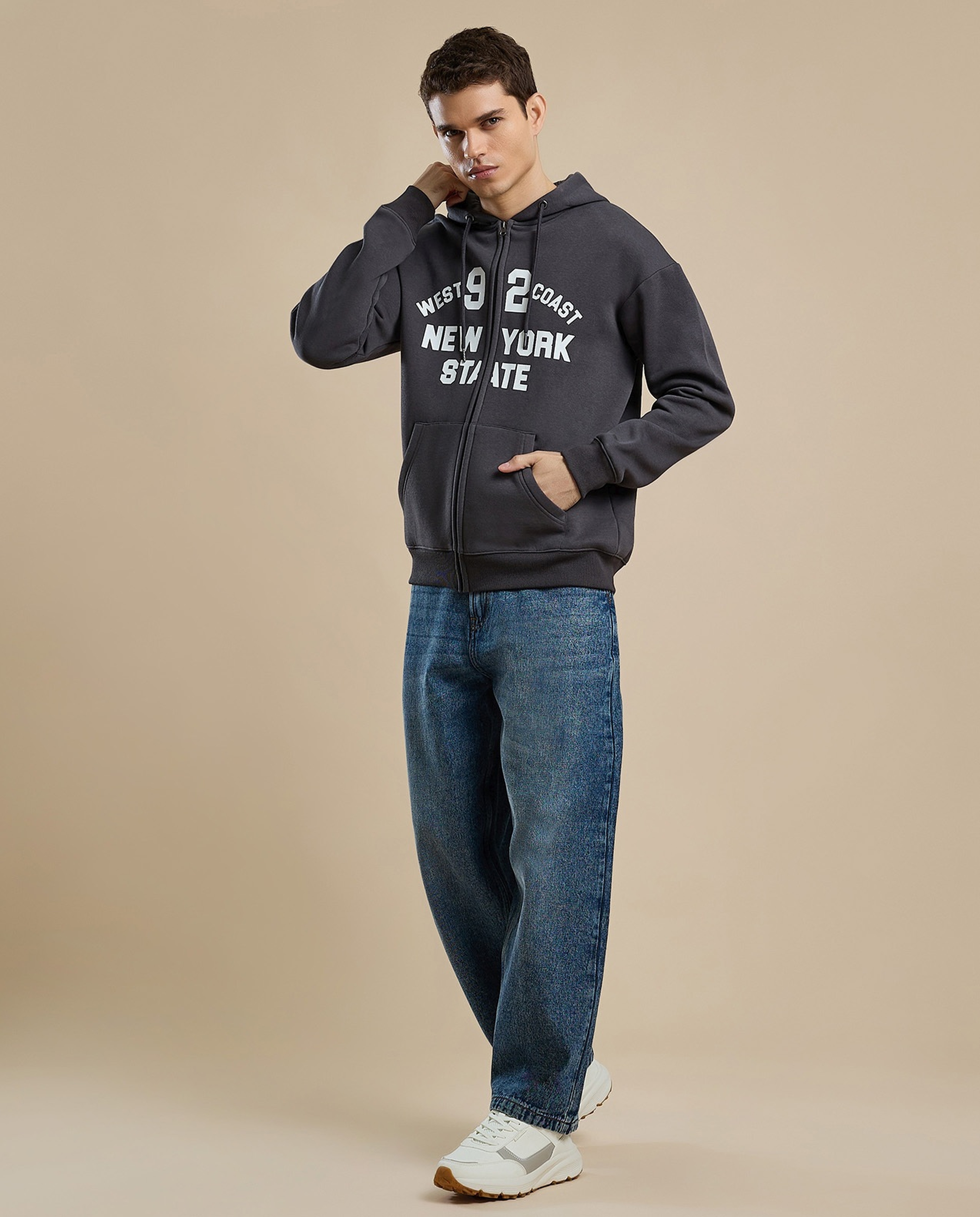 Printed Hooded Jacket with Zipper Closure