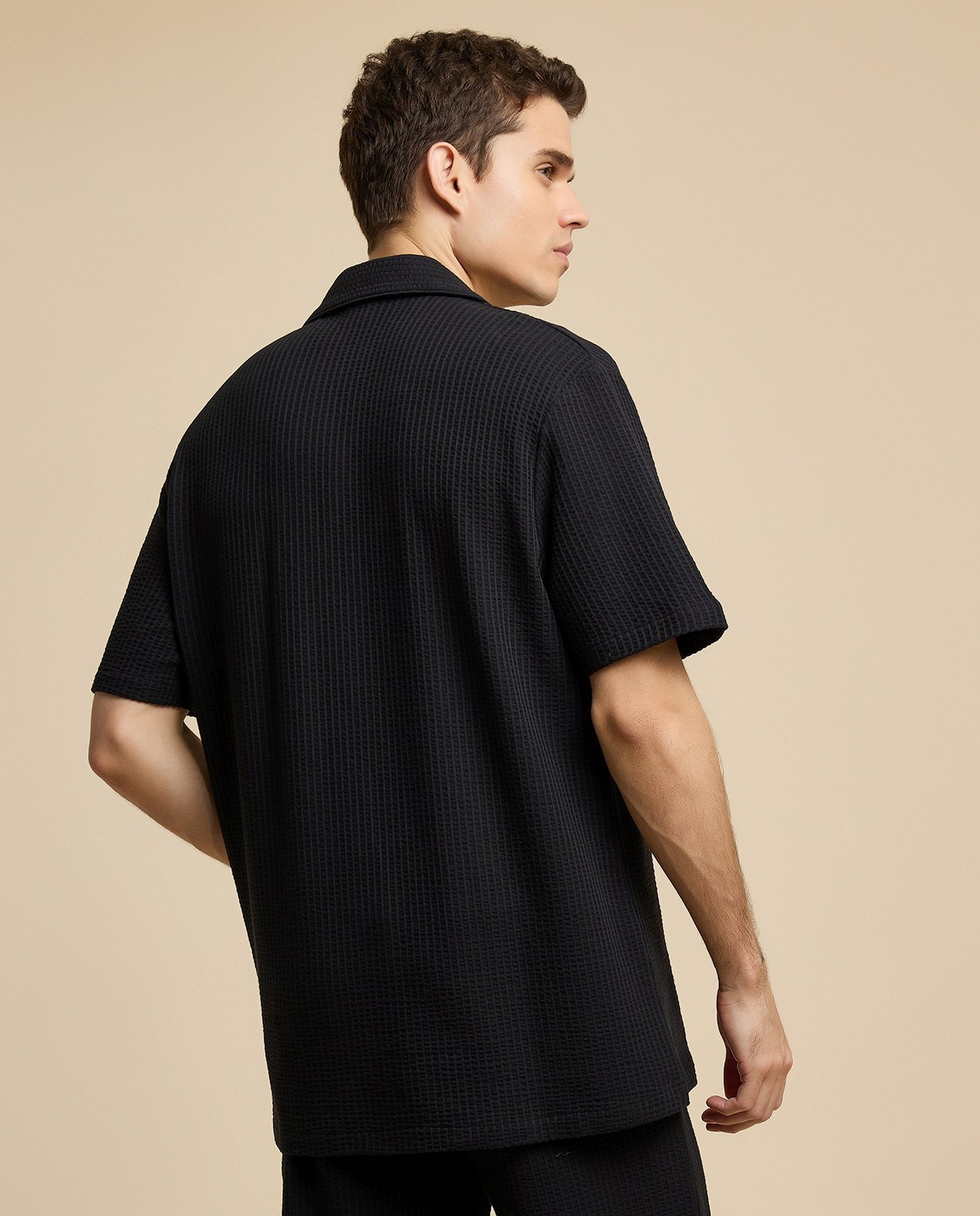 Textured Shirt with Revere Collar and Short Sleeves