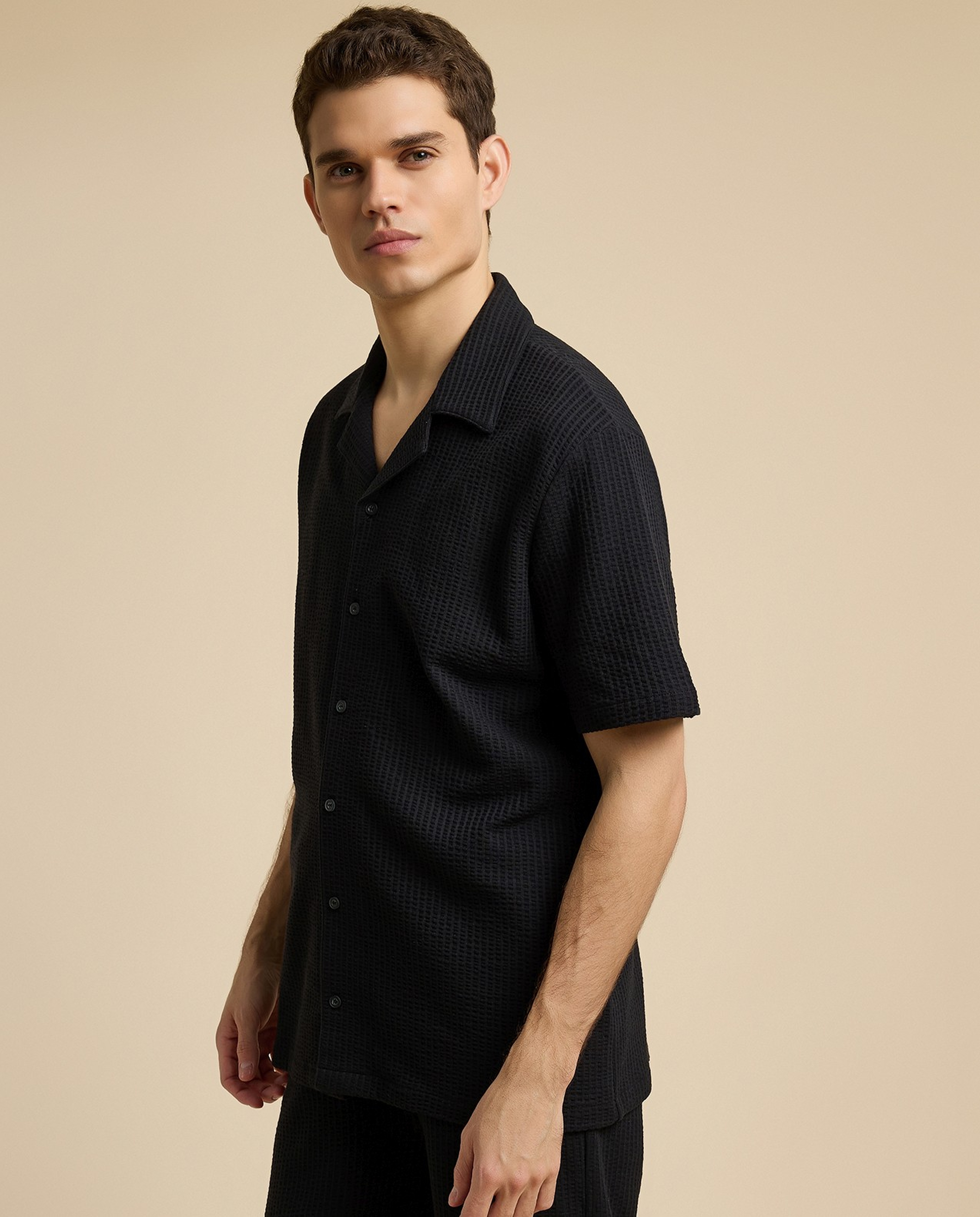 Textured Shirt with Revere Collar and Short Sleeves