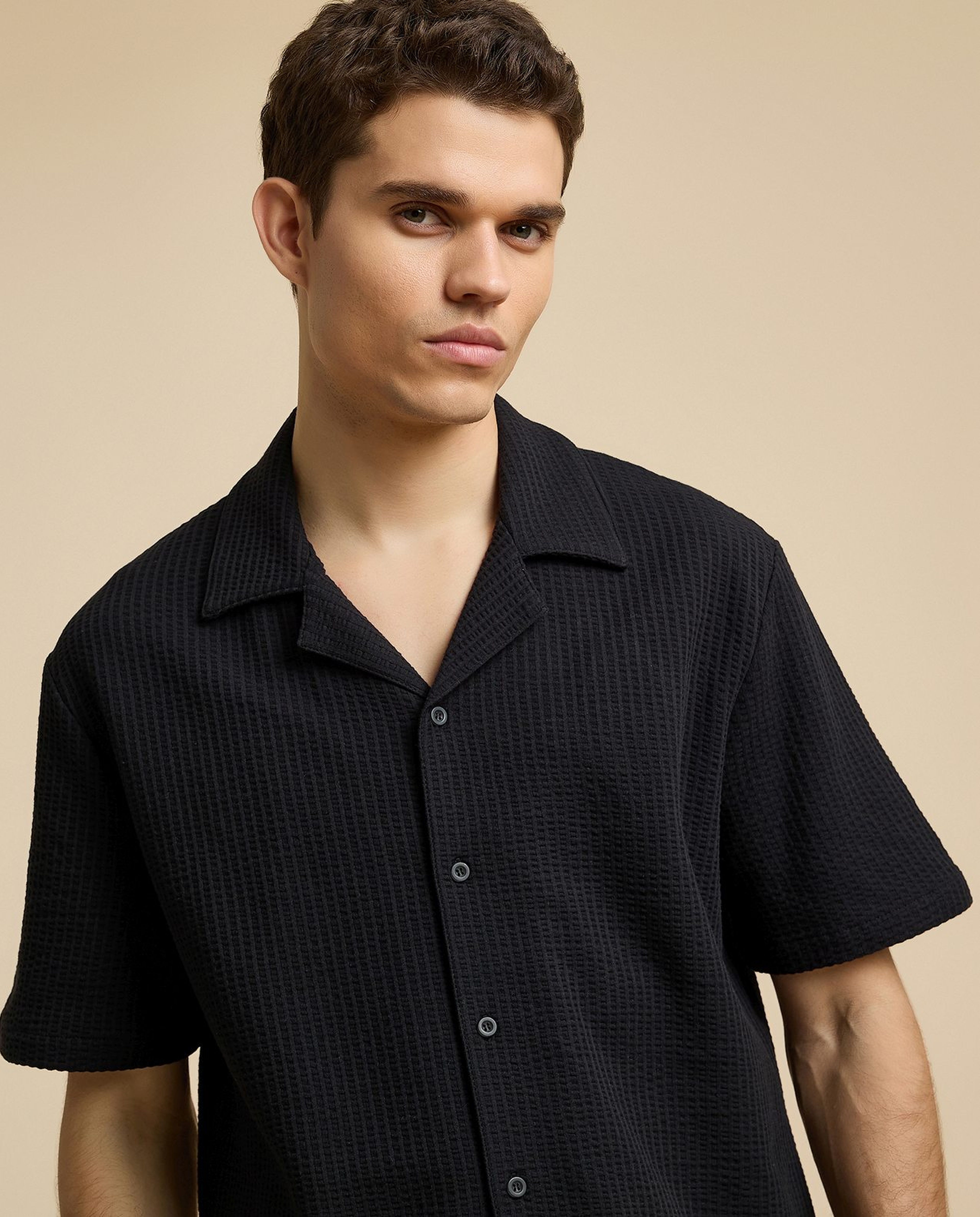 Textured Shirt with Revere Collar and Short Sleeves