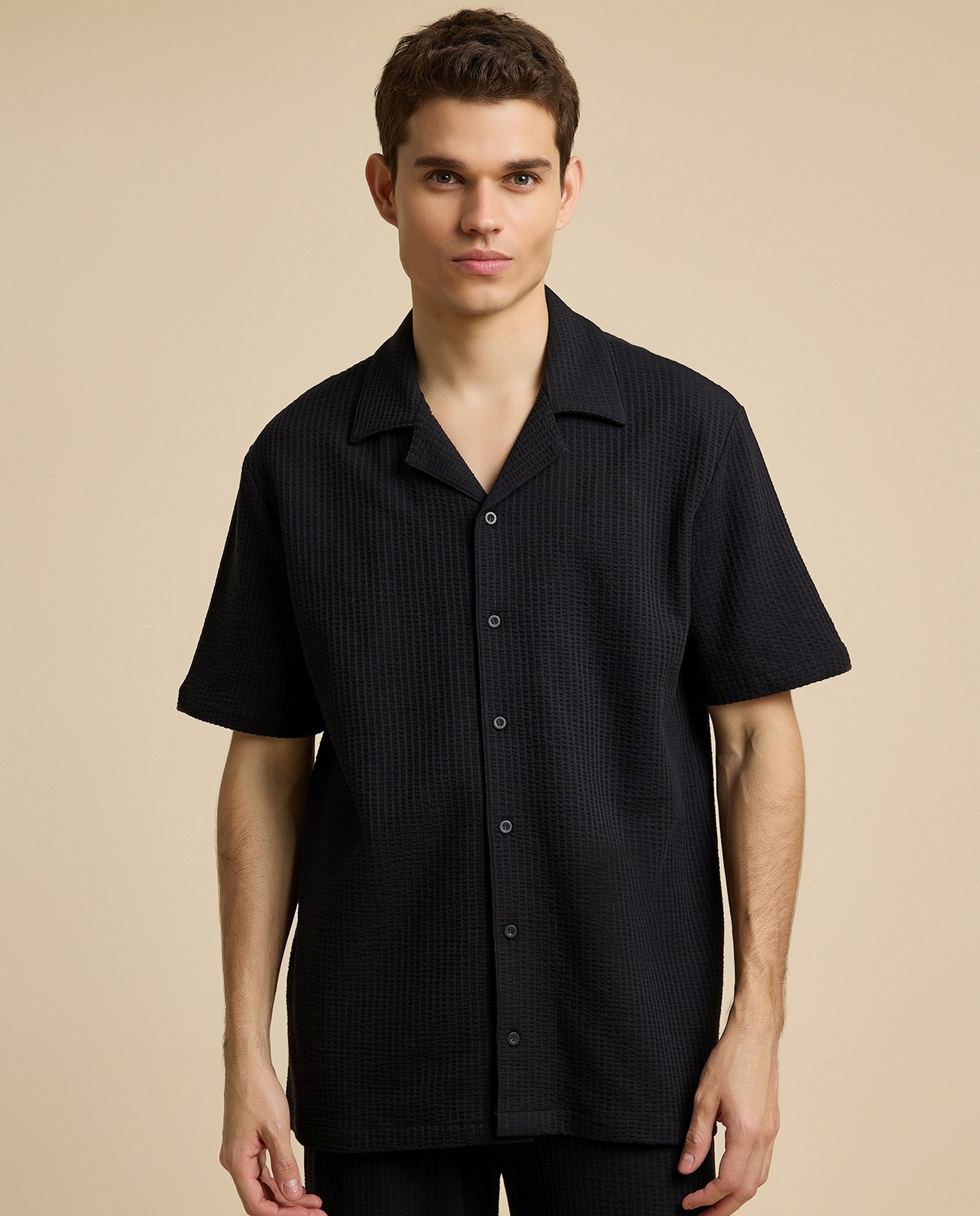 Textured Shirt with Revere Collar and Short Sleeves