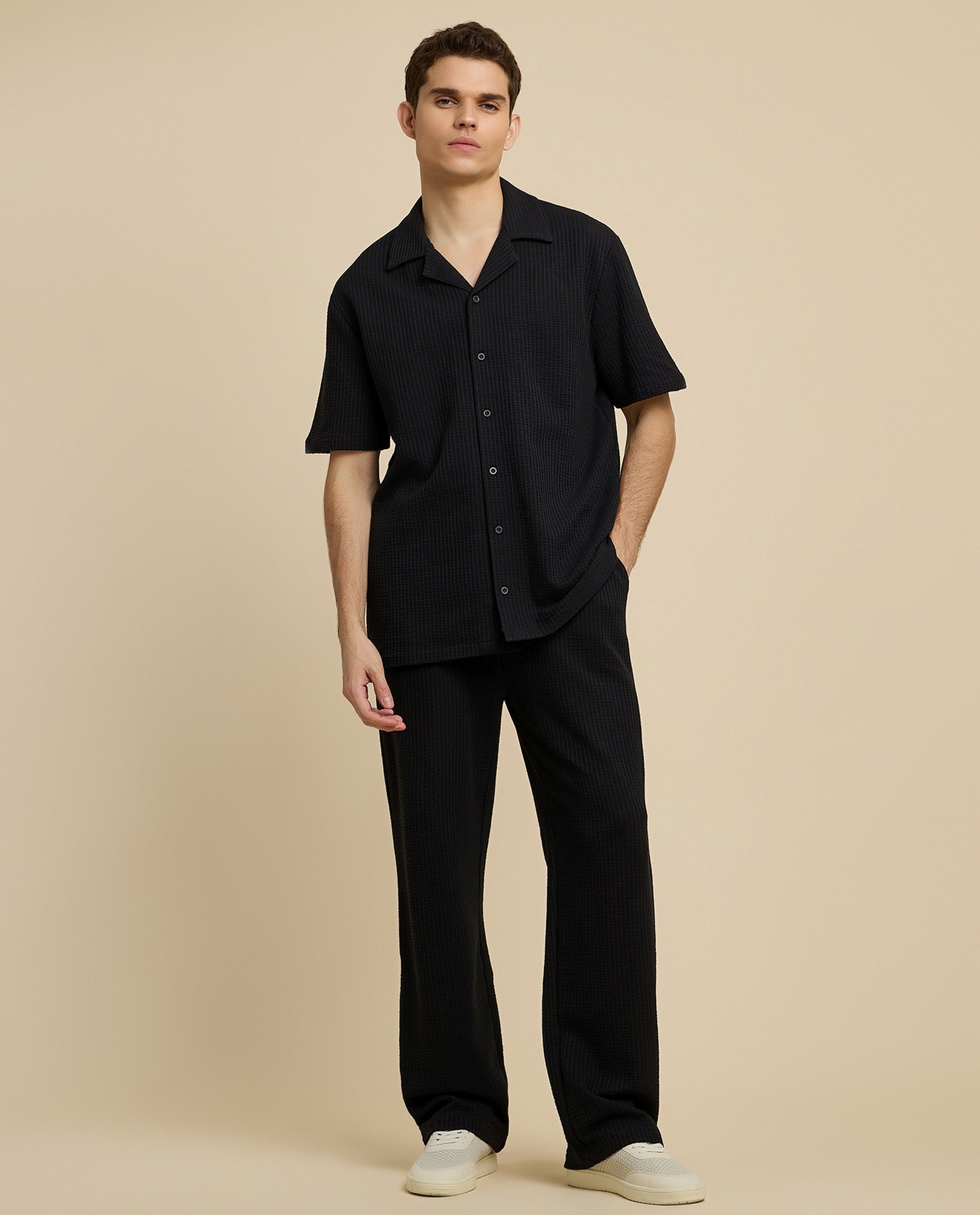Textured Shirt with Revere Collar and Short Sleeves