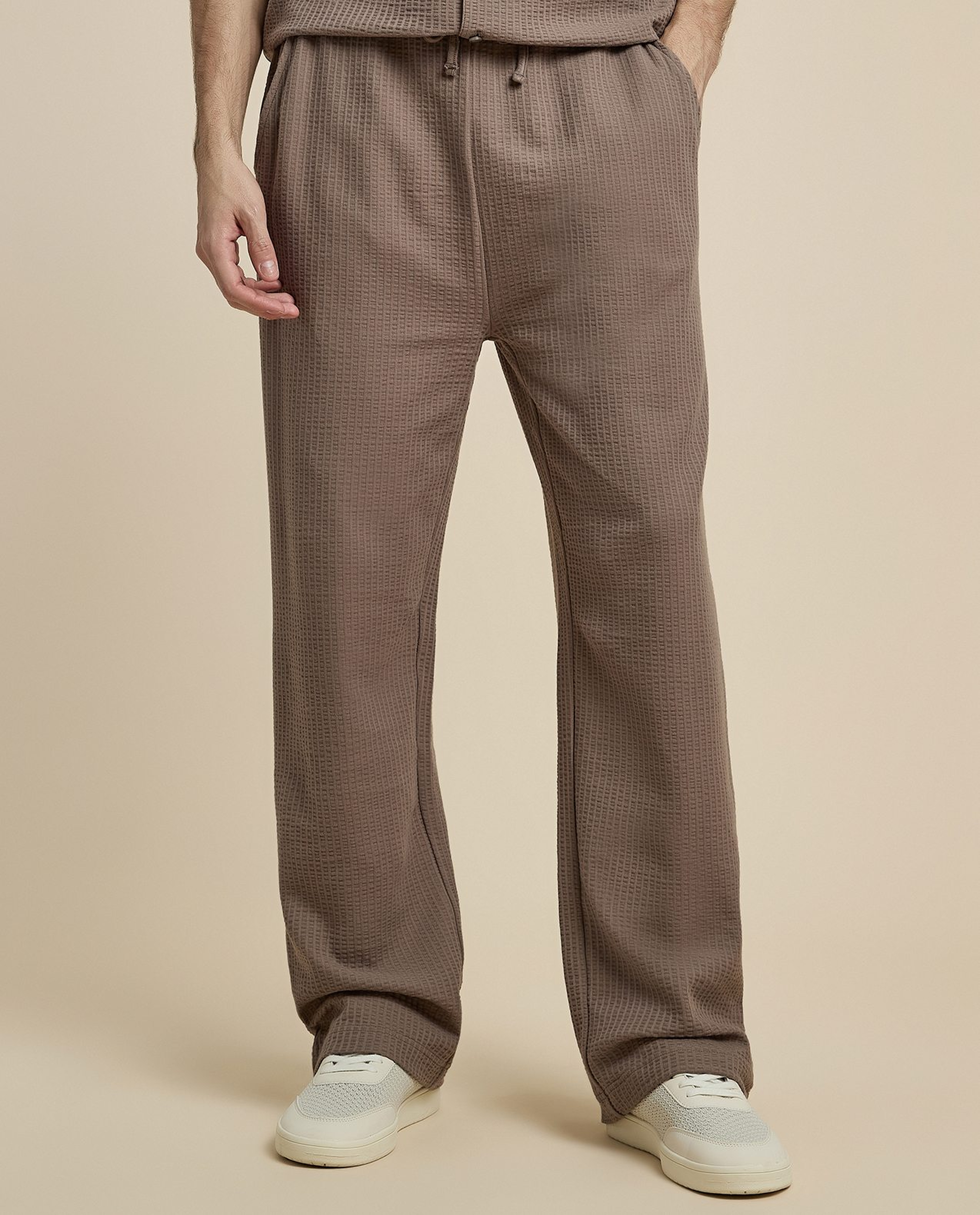 Textured Straight Fit Pants with Drawstring Waist