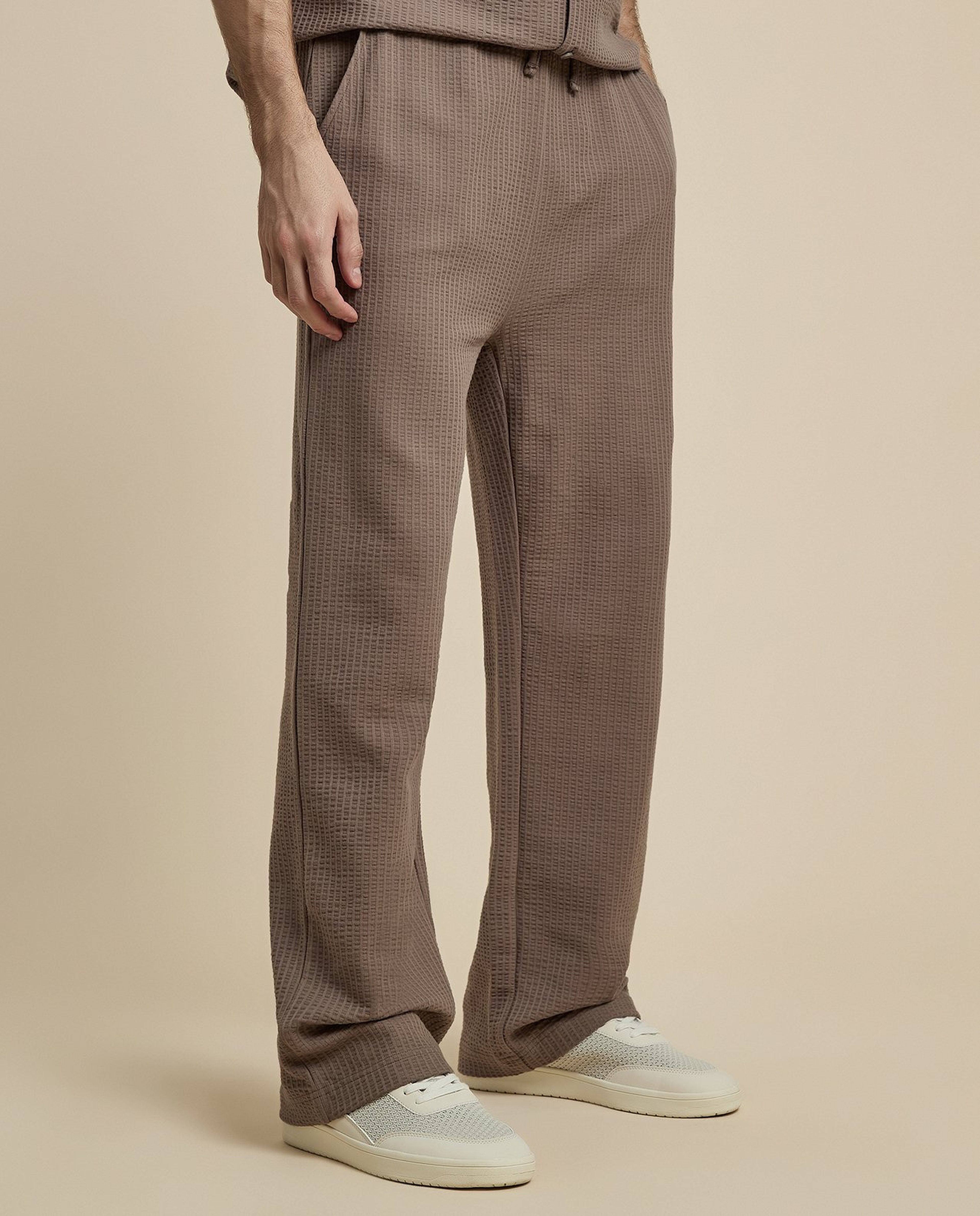 Textured Straight Fit Pants with Drawstring Waist