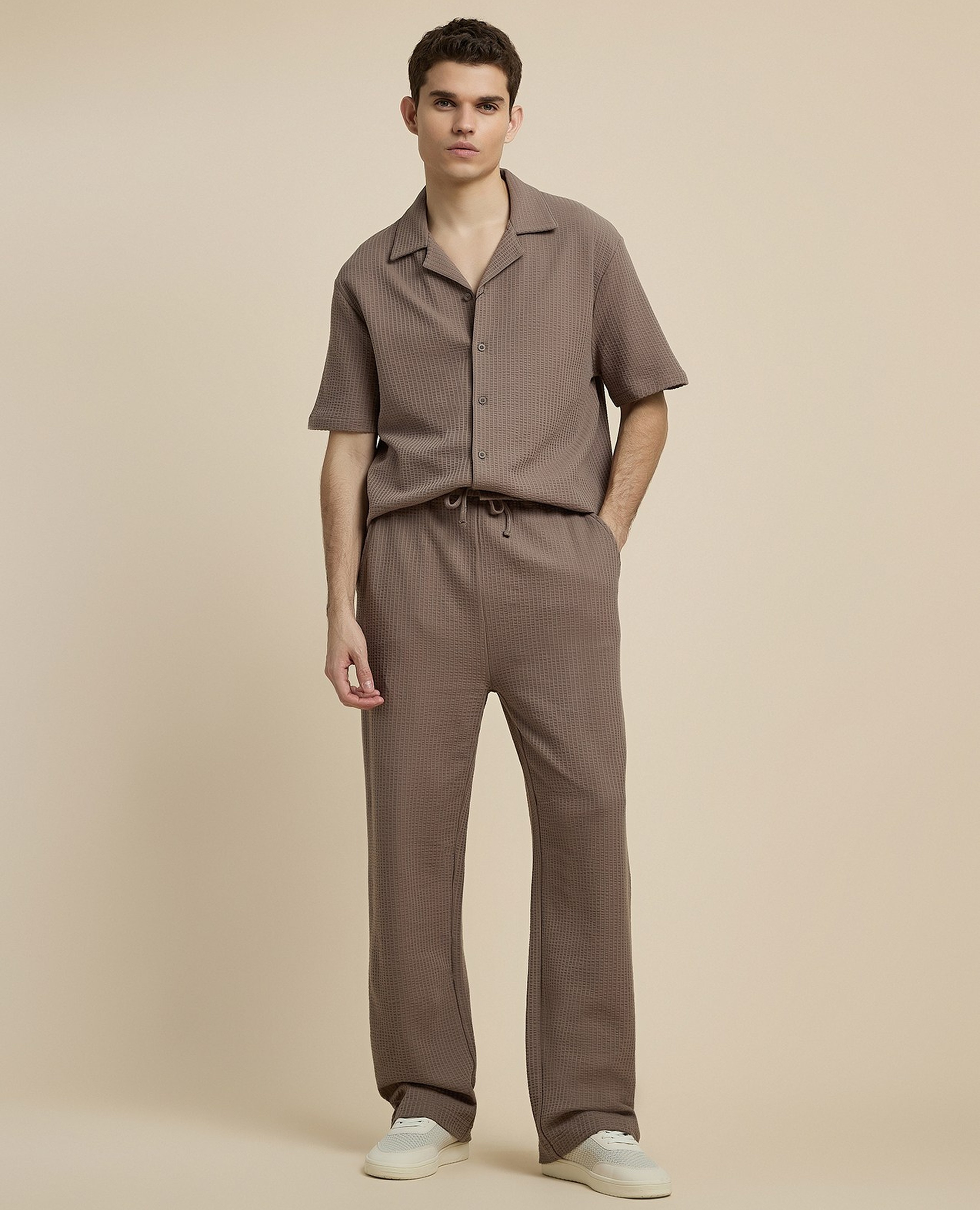 Textured Straight Fit Pants with Drawstring Waist