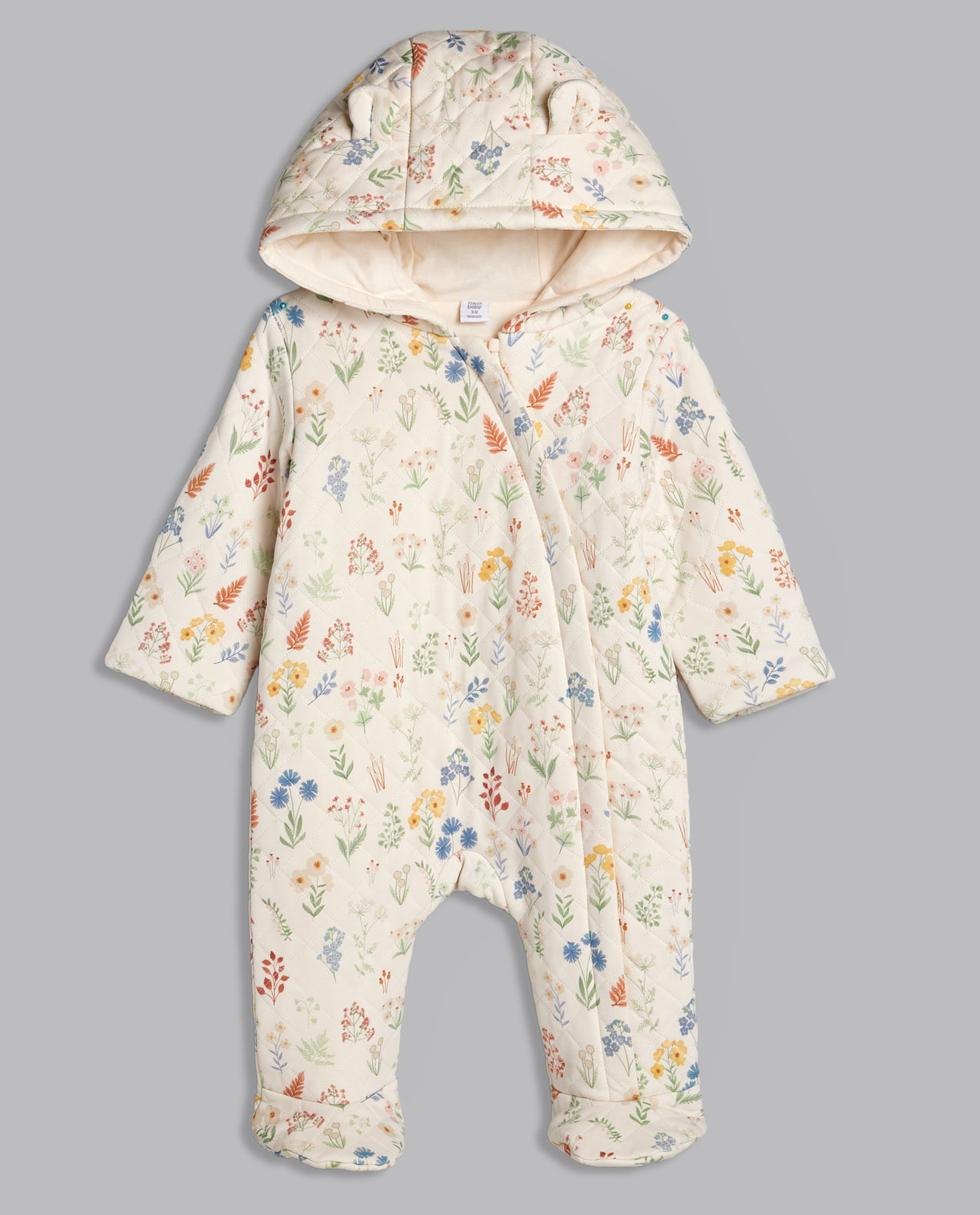 Patterned Quilted Hooded Sleepsuit with Long Sleeves