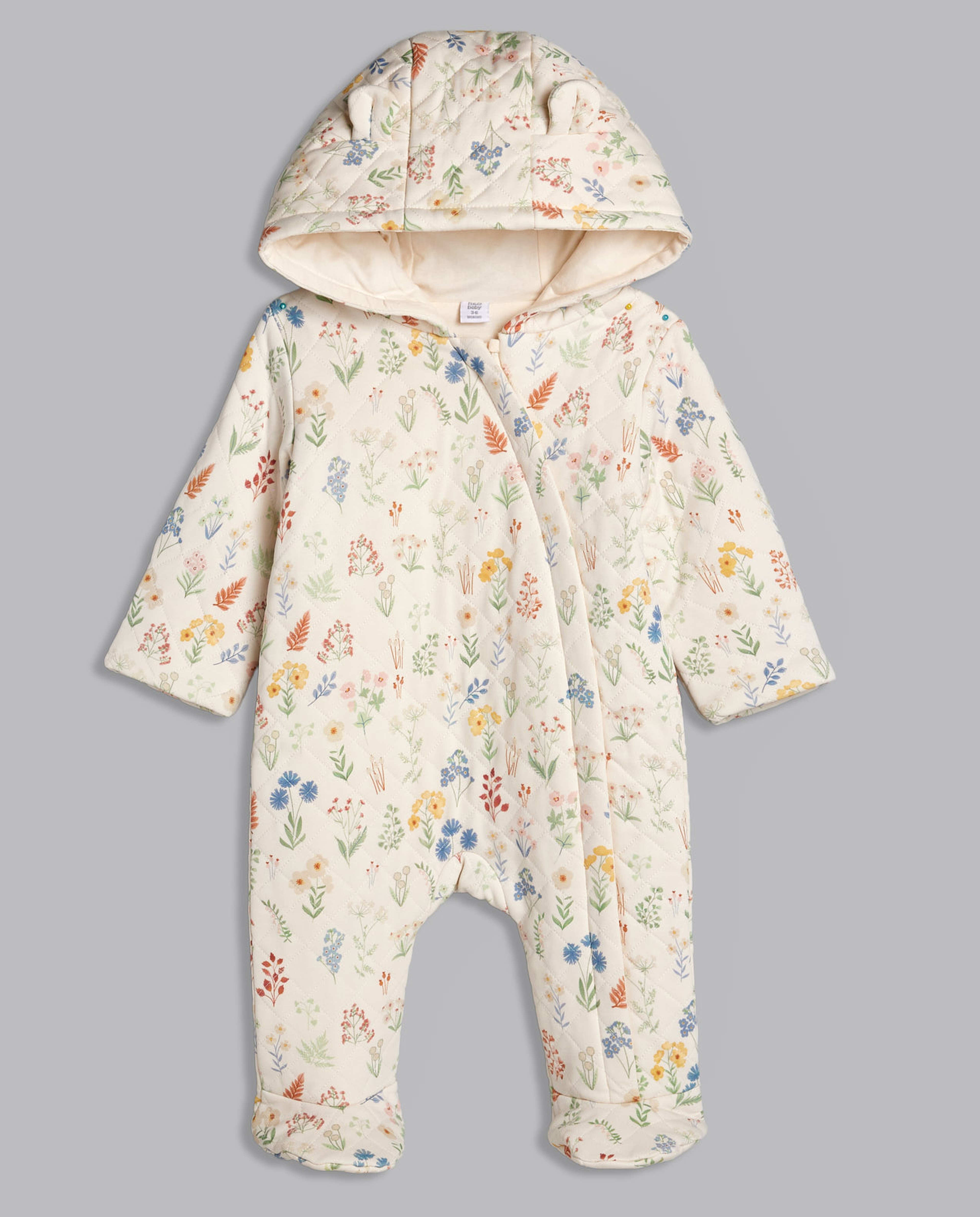 Patterned Quilted Hooded Sleepsuit with Long Sleeves