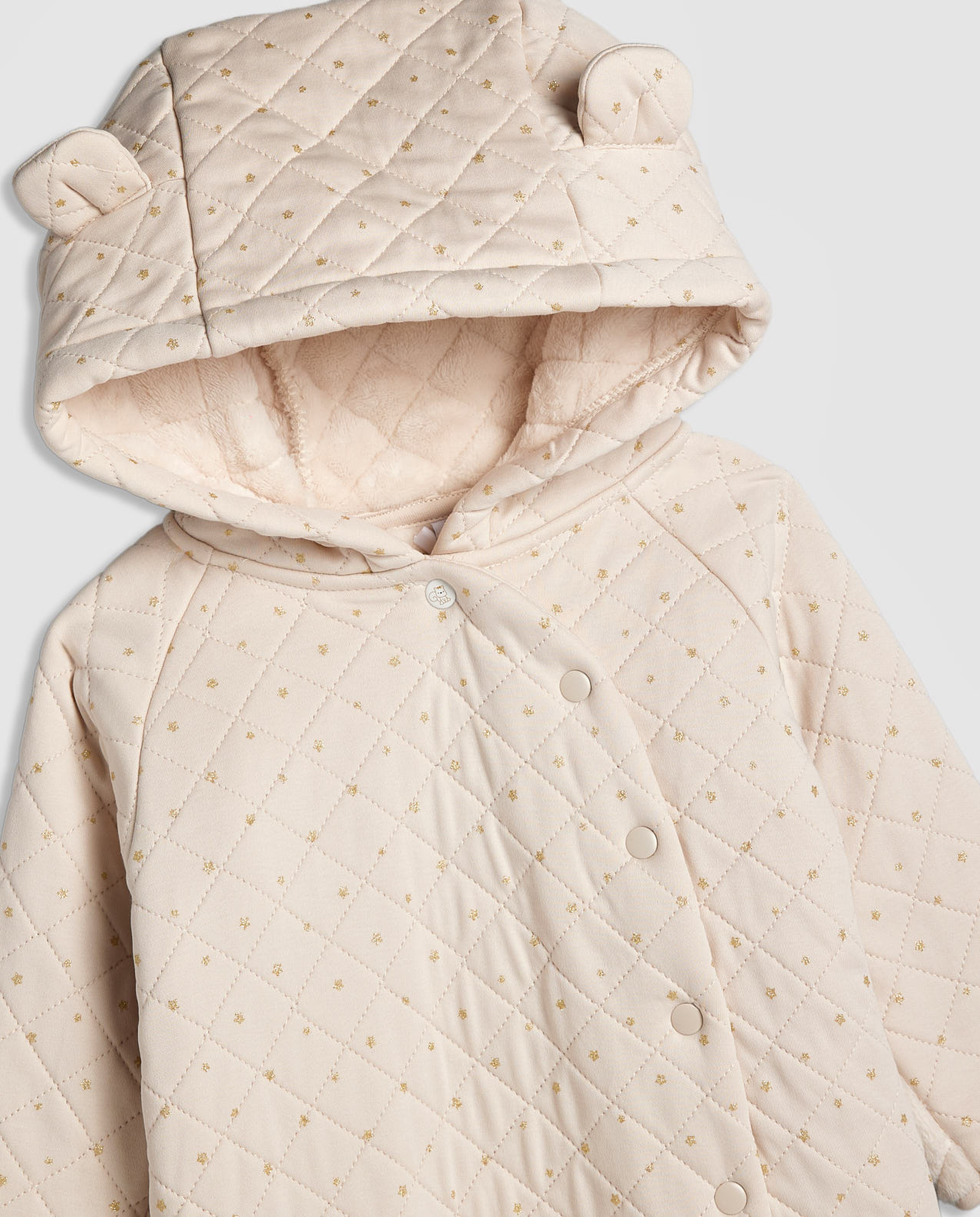 Printed Quilted Hooded Sleepsuit with Long Sleeves